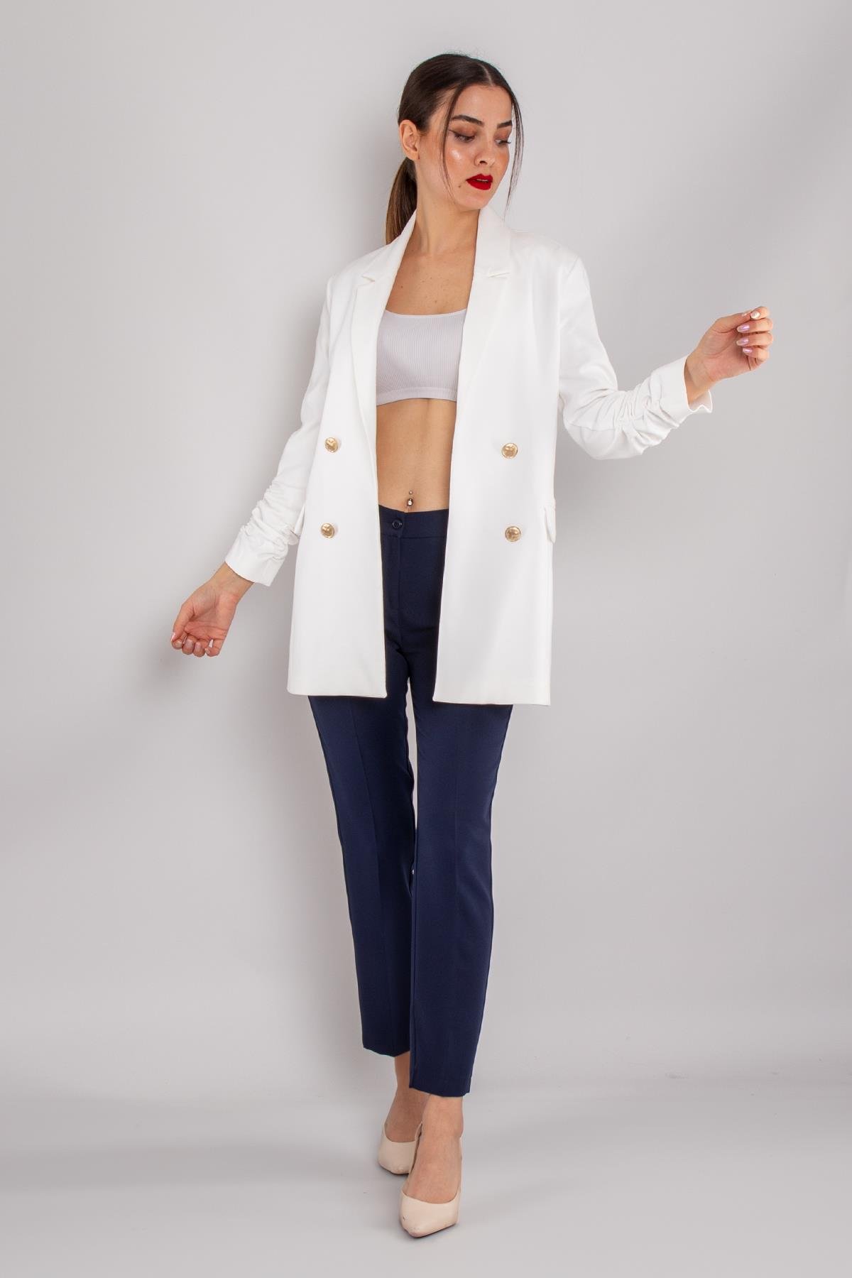 90648 Kol Büzgülü Düğme Detay Pamuk Uzun Kadın Ceket