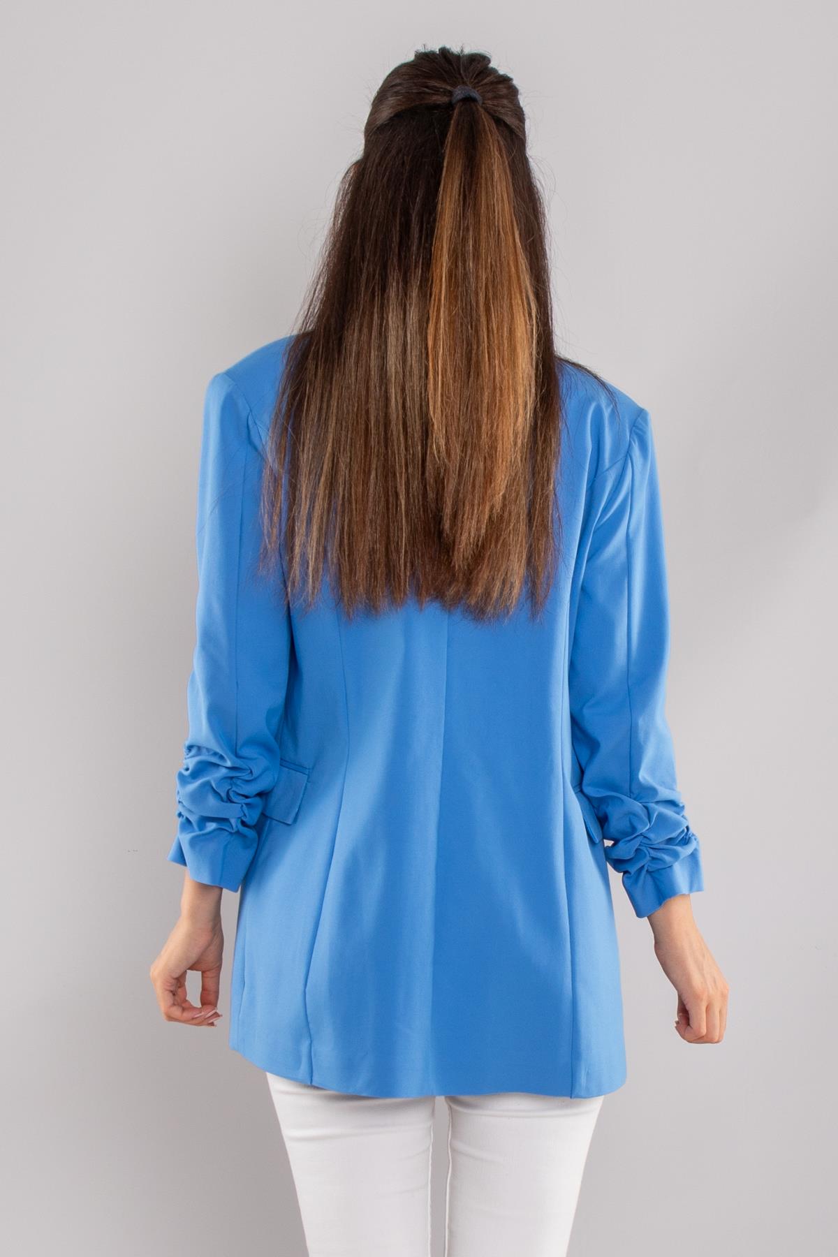 90648 Kol Büzgülü Düğme Detay Pamuk Uzun Kadın Ceket