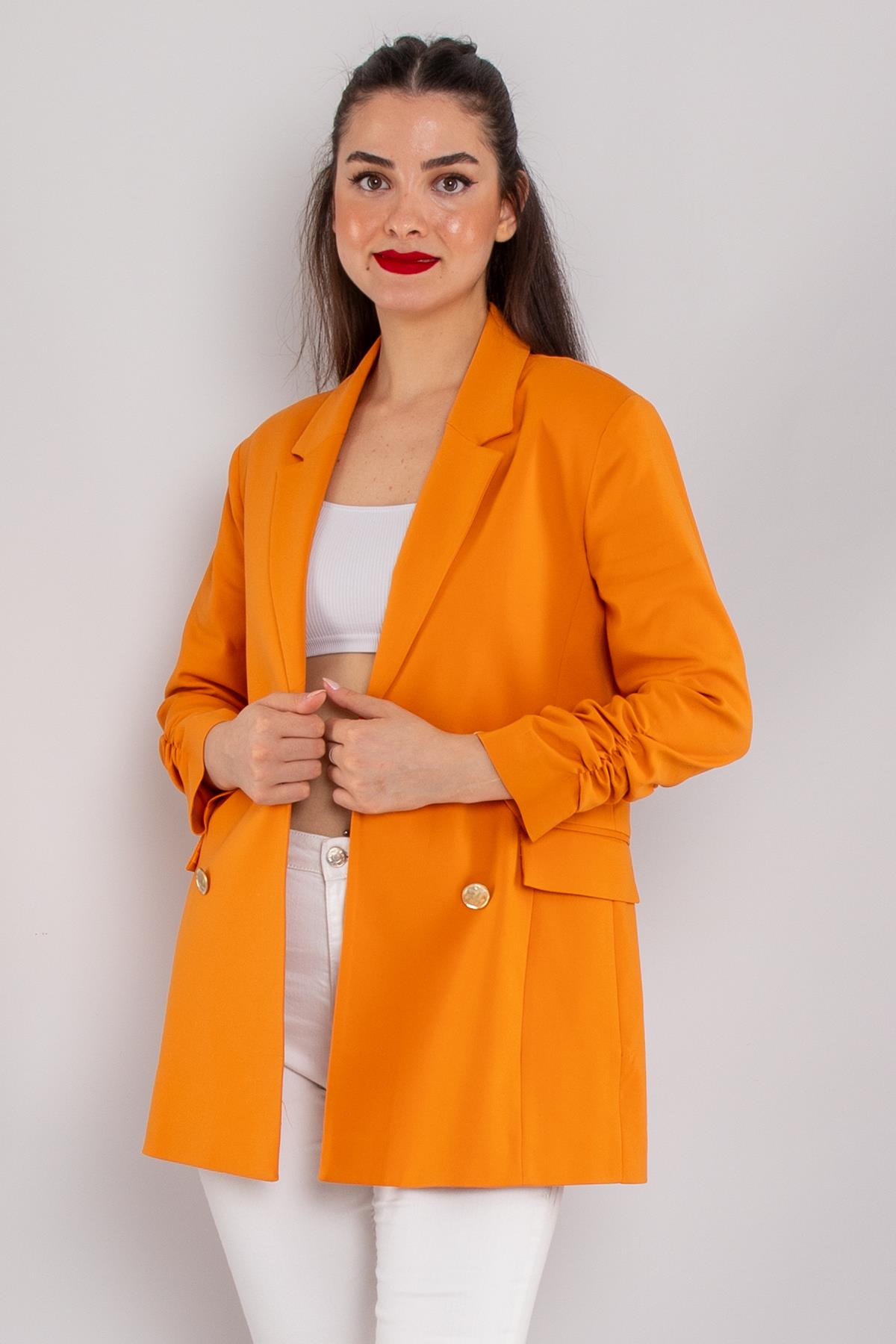 90648 Kol Büzgülü Düğme Detay Pamuk Uzun Kadın Ceket