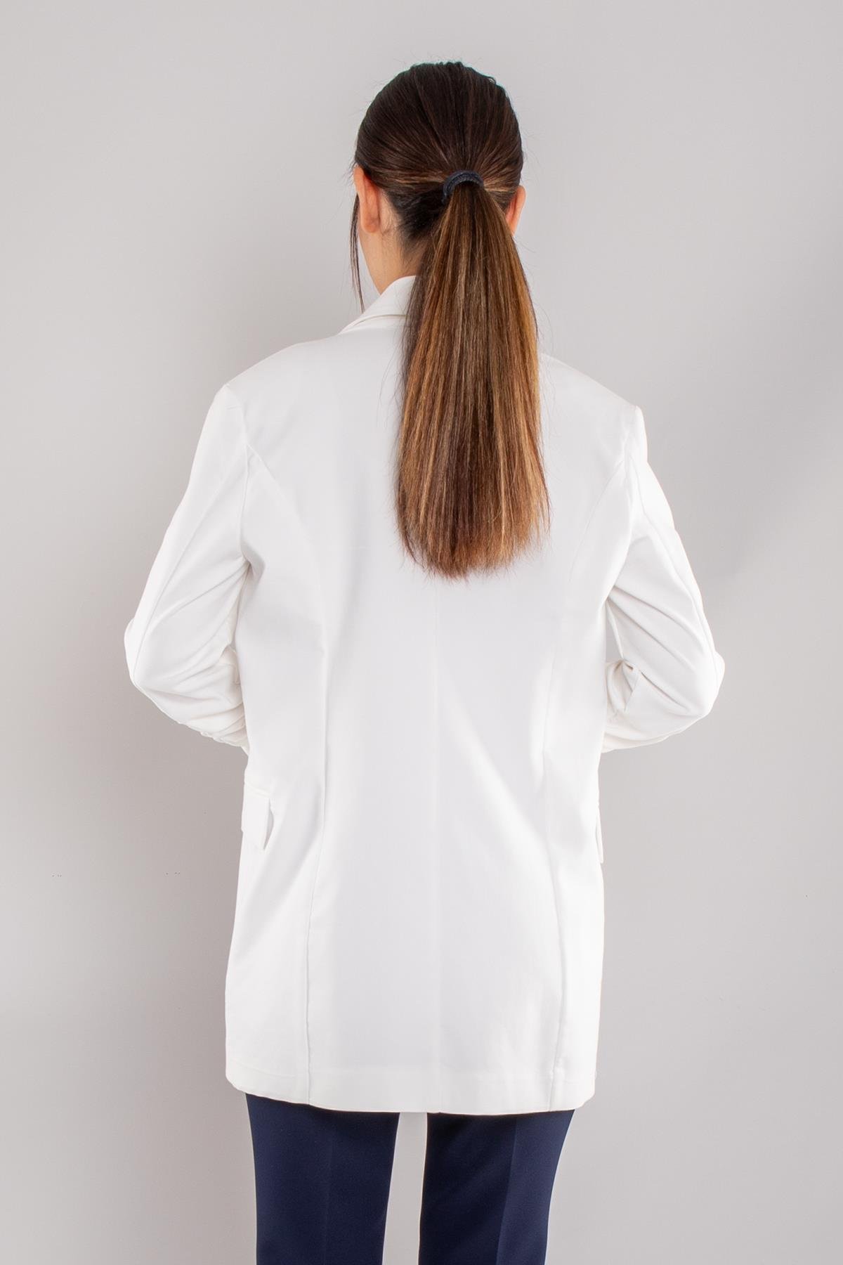 90648 Kol Büzgülü Düğme Detay Pamuk Uzun Kadın Ceket