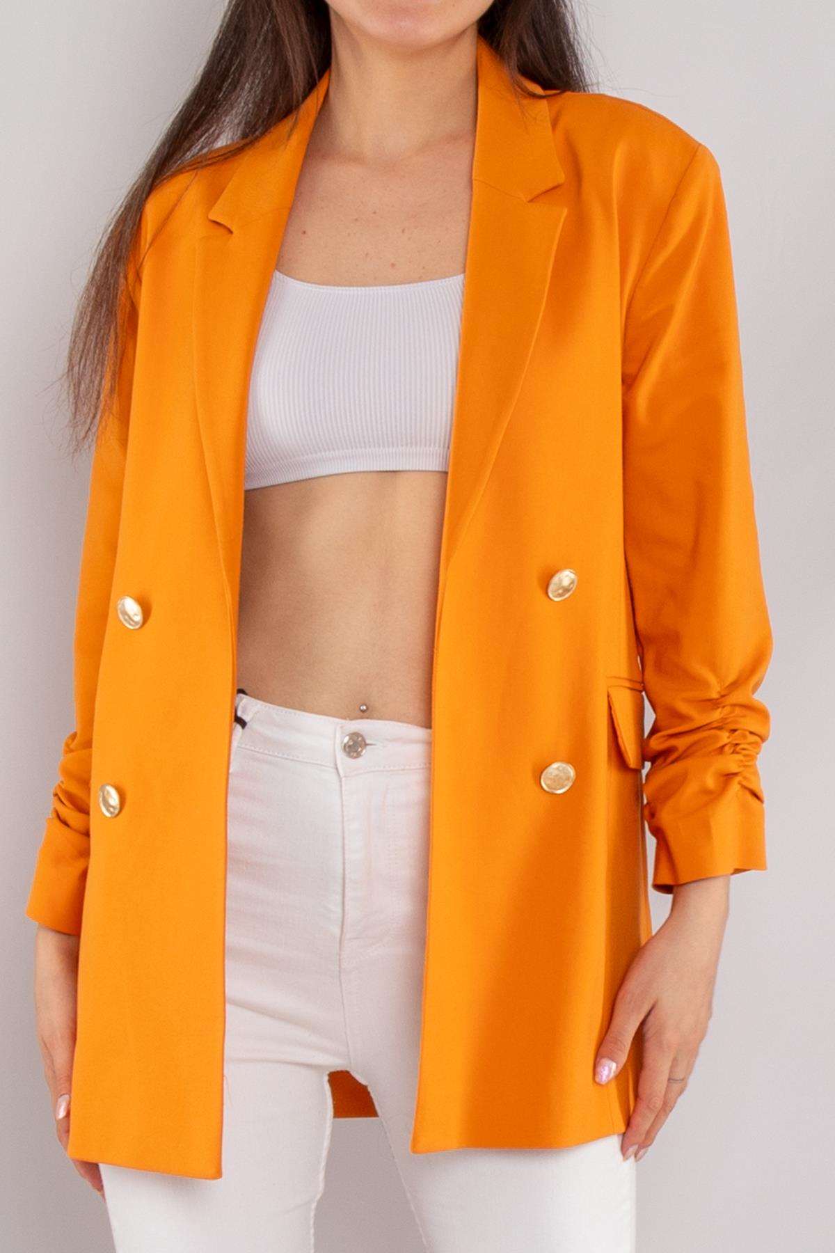 90648 Kol Büzgülü Düğme Detay Pamuk Uzun Kadın Ceket