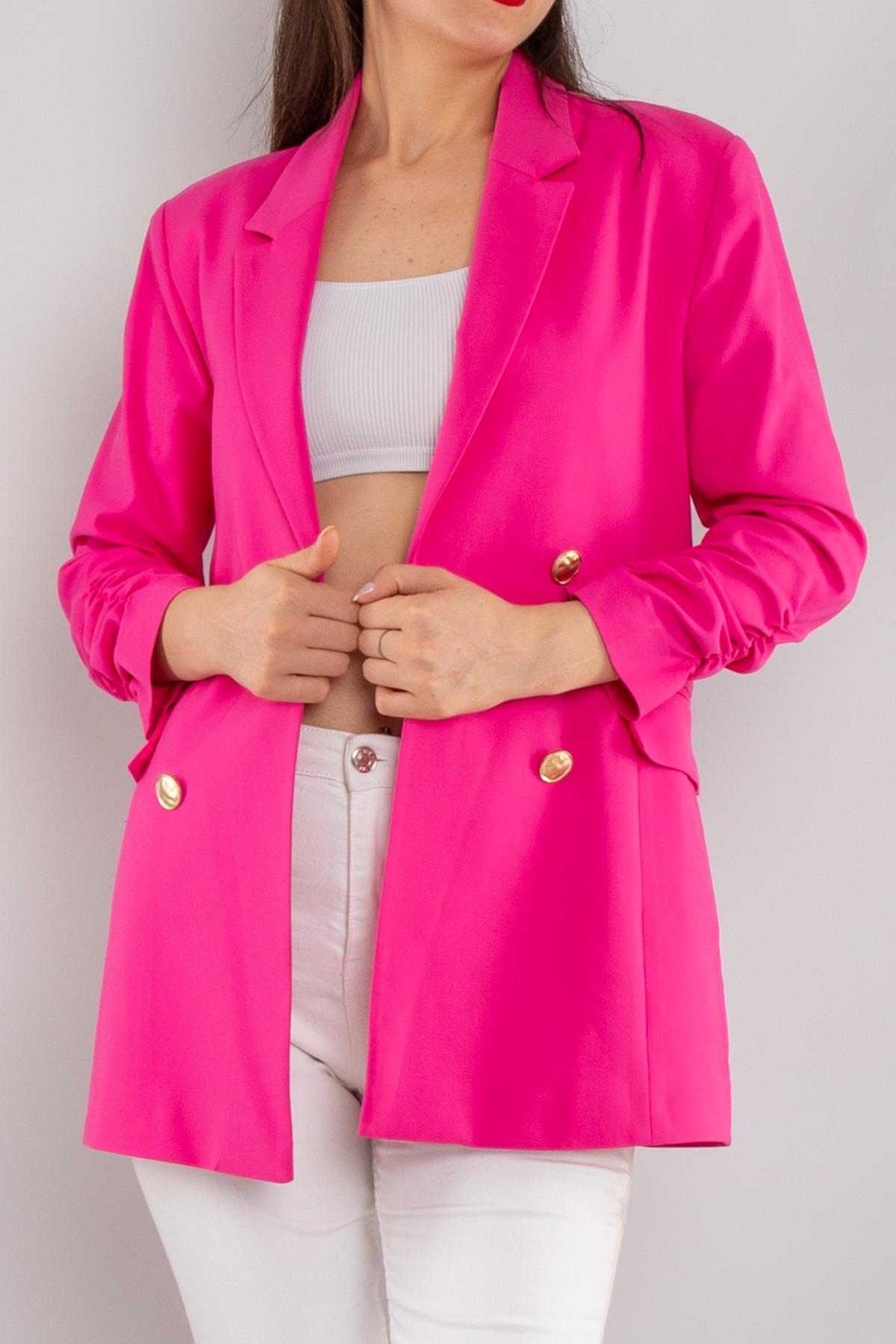 90648 Kol Büzgülü Düğme Detay Pamuk Uzun Kadın Ceket