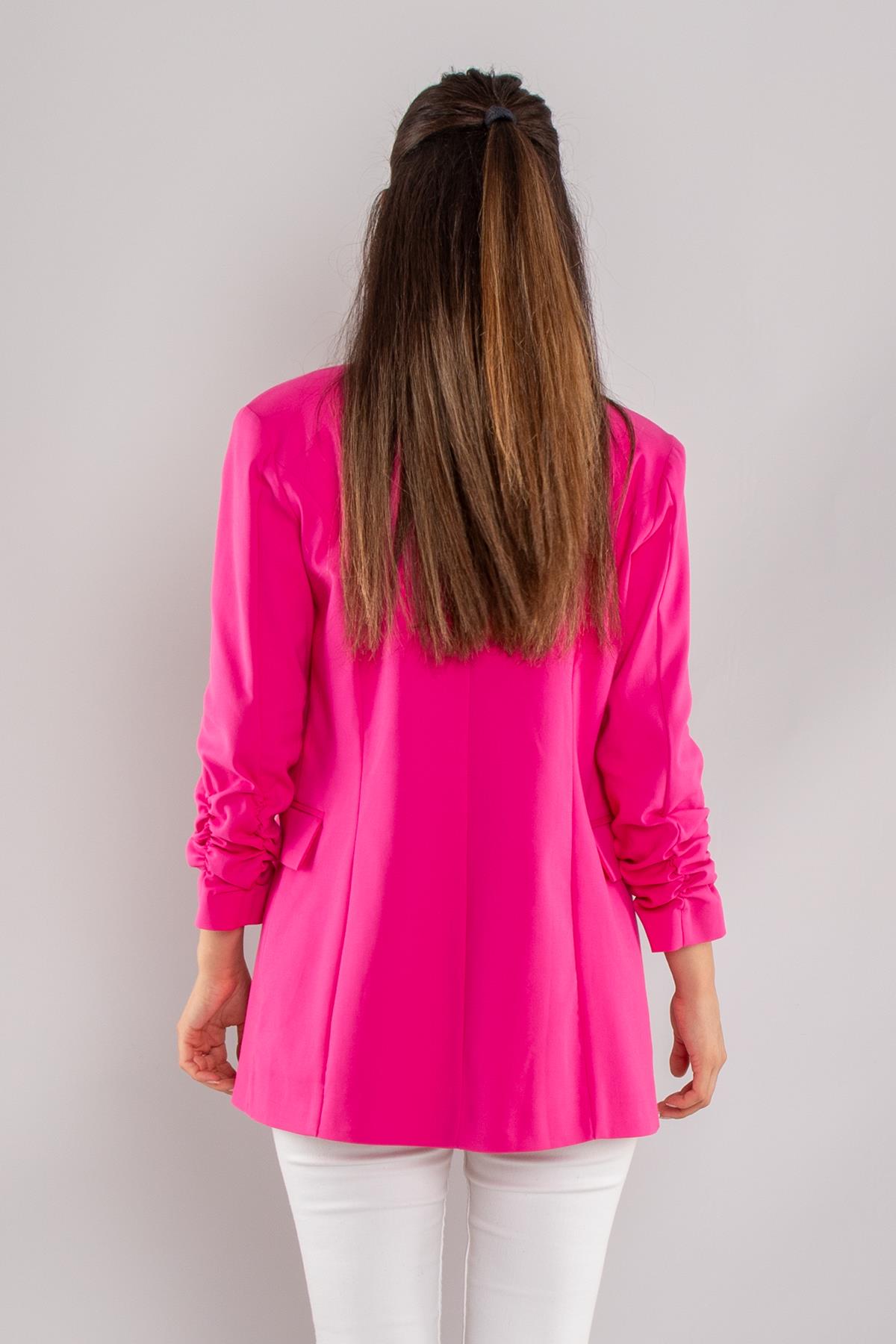 90648 Kol Büzgülü Düğme Detay Pamuk Uzun Kadın Ceket