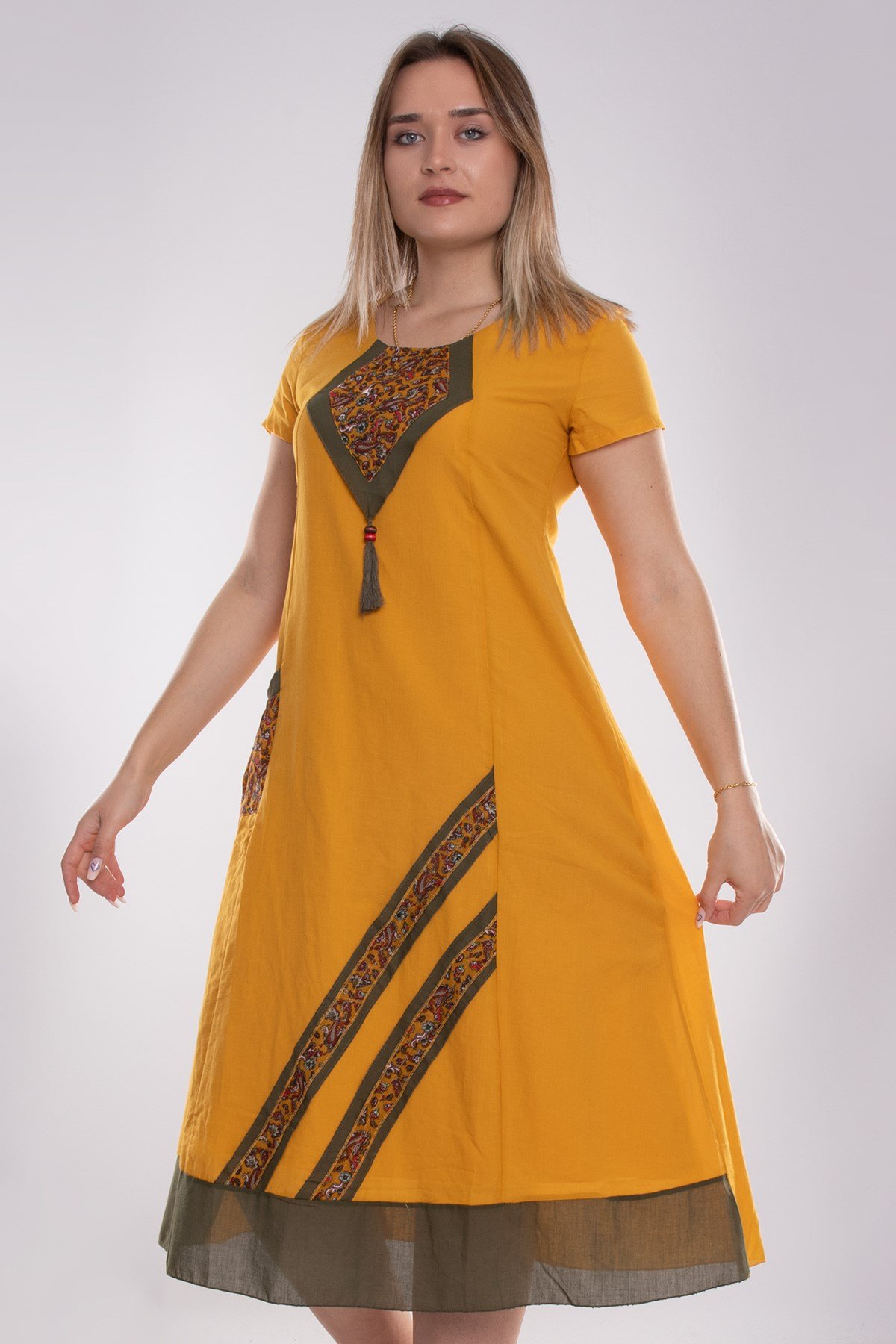 9068 Etnik Desen Kısa Kol Beli İpli Pamuk Otantik Elbise