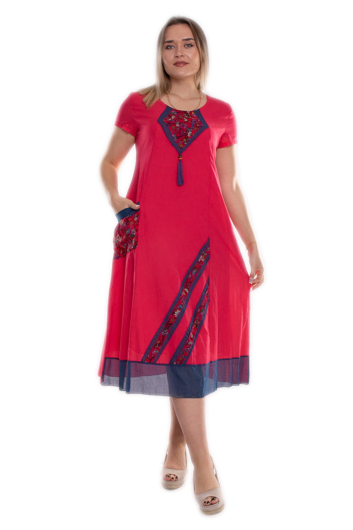 9068 Etnik Desen Kısa Kol Beli İpli Pamuk Otantik Elbise