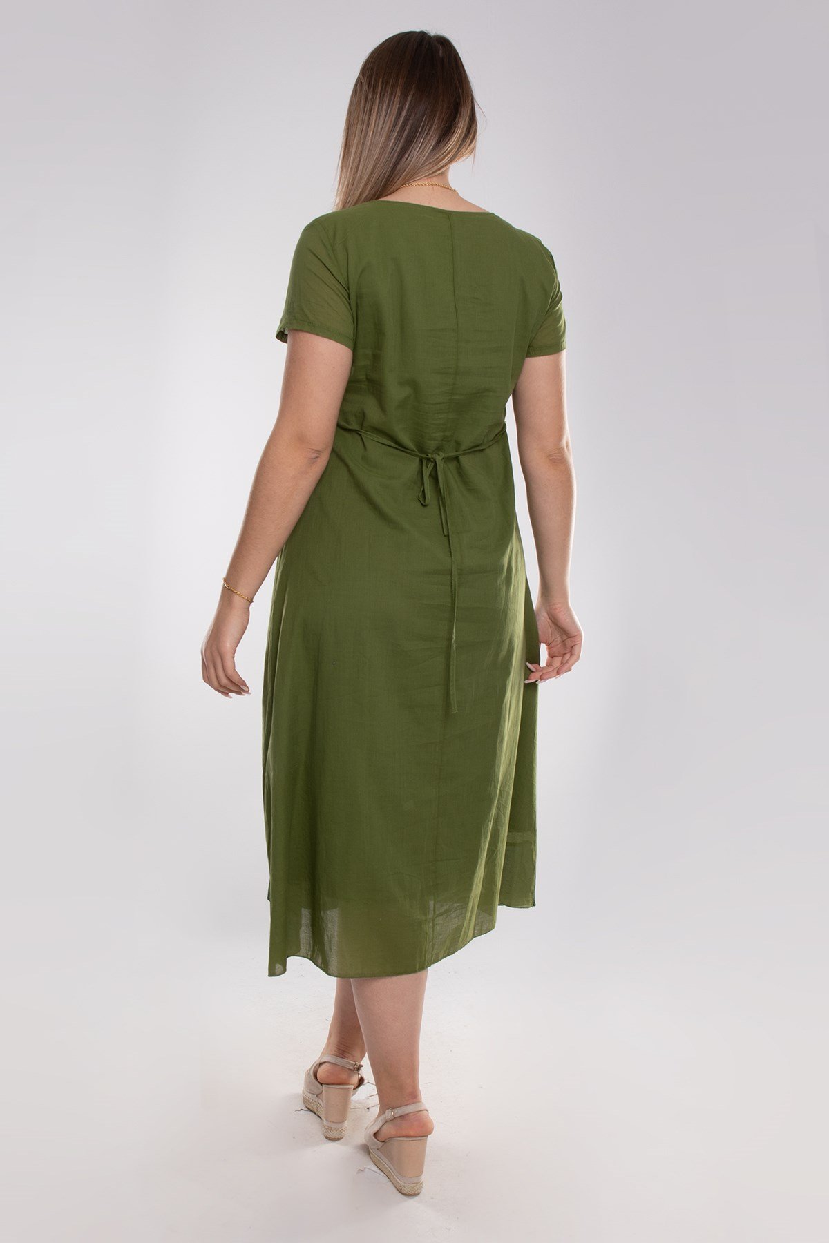 9068 Etnik Desen Kısa Kol Beli İpli Pamuk Otantik Elbise