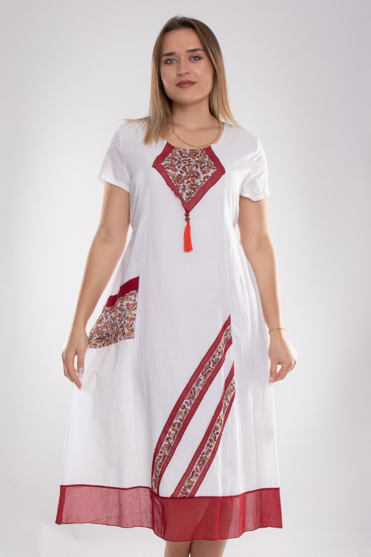 9068 Etnik Desen Kısa Kol Beli İpli Pamuk Otantik Elbise