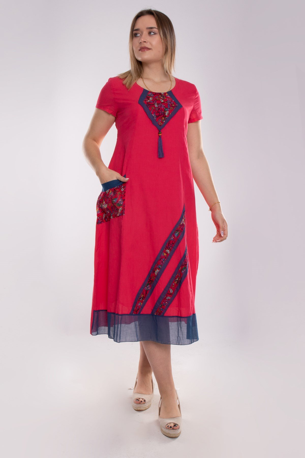 9068 Etnik Desen Kısa Kol Beli İpli Pamuk Otantik Elbise