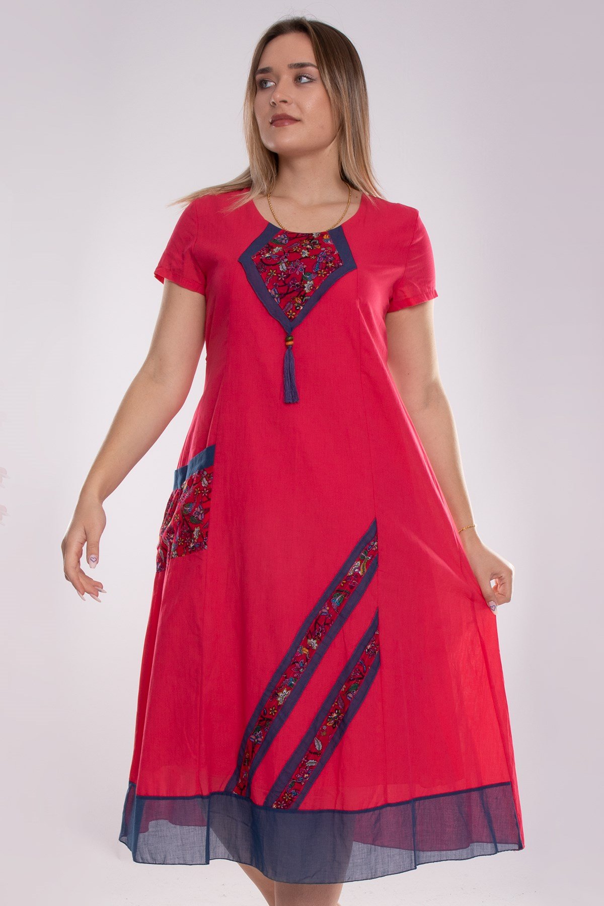 9068 Etnik Desen Kısa Kol Beli İpli Pamuk Otantik Elbise