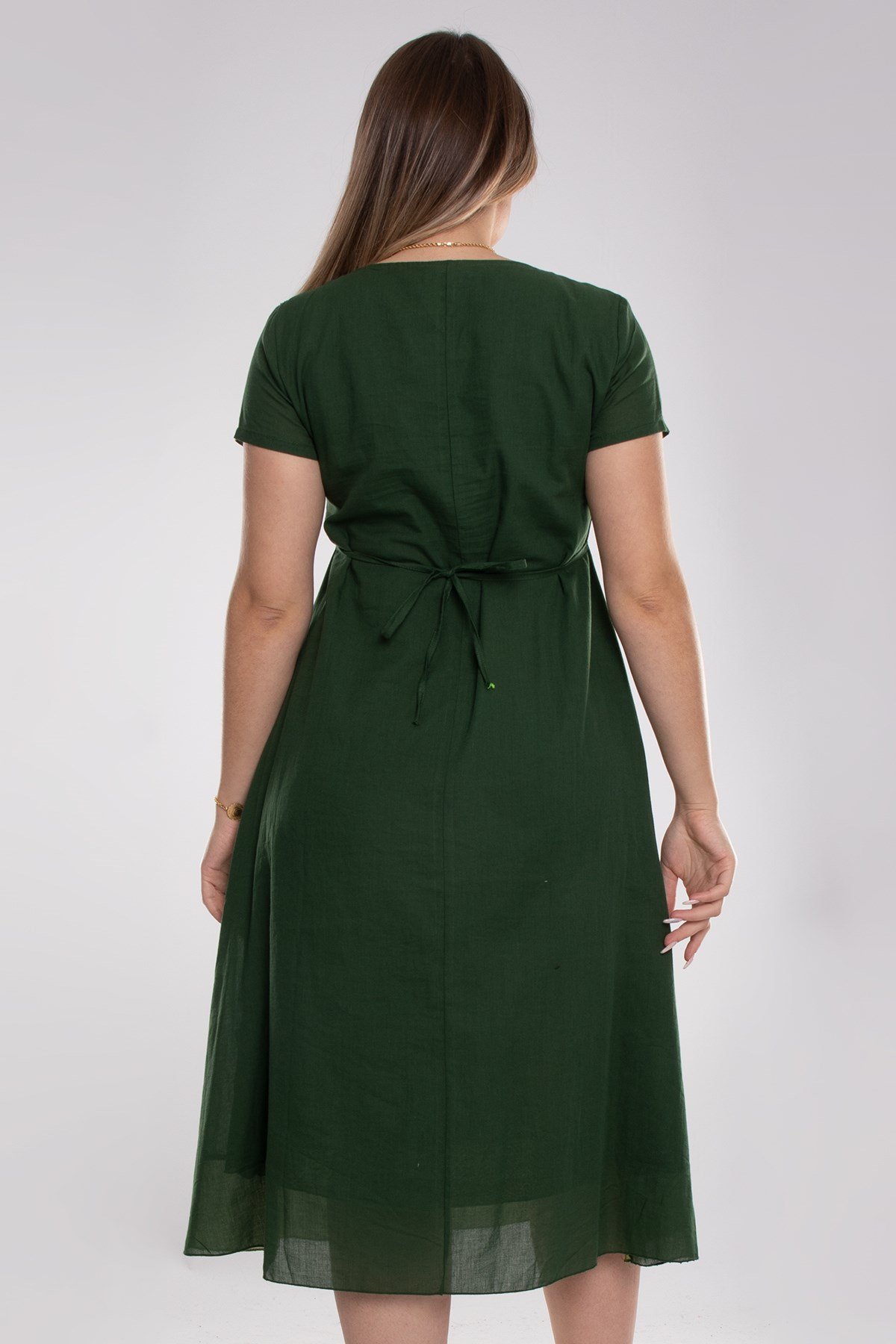 9068 Etnik Desen Kısa Kol Beli İpli Pamuk Otantik Elbise