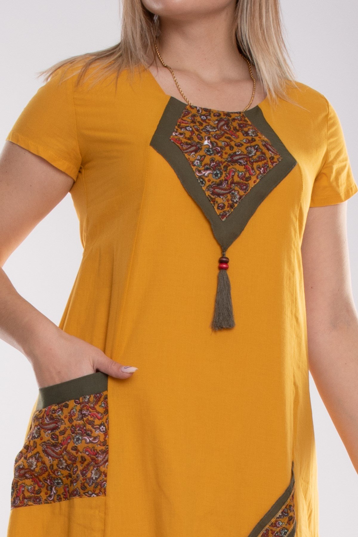 9068 Etnik Desen Kısa Kol Beli İpli Pamuk Otantik Elbise