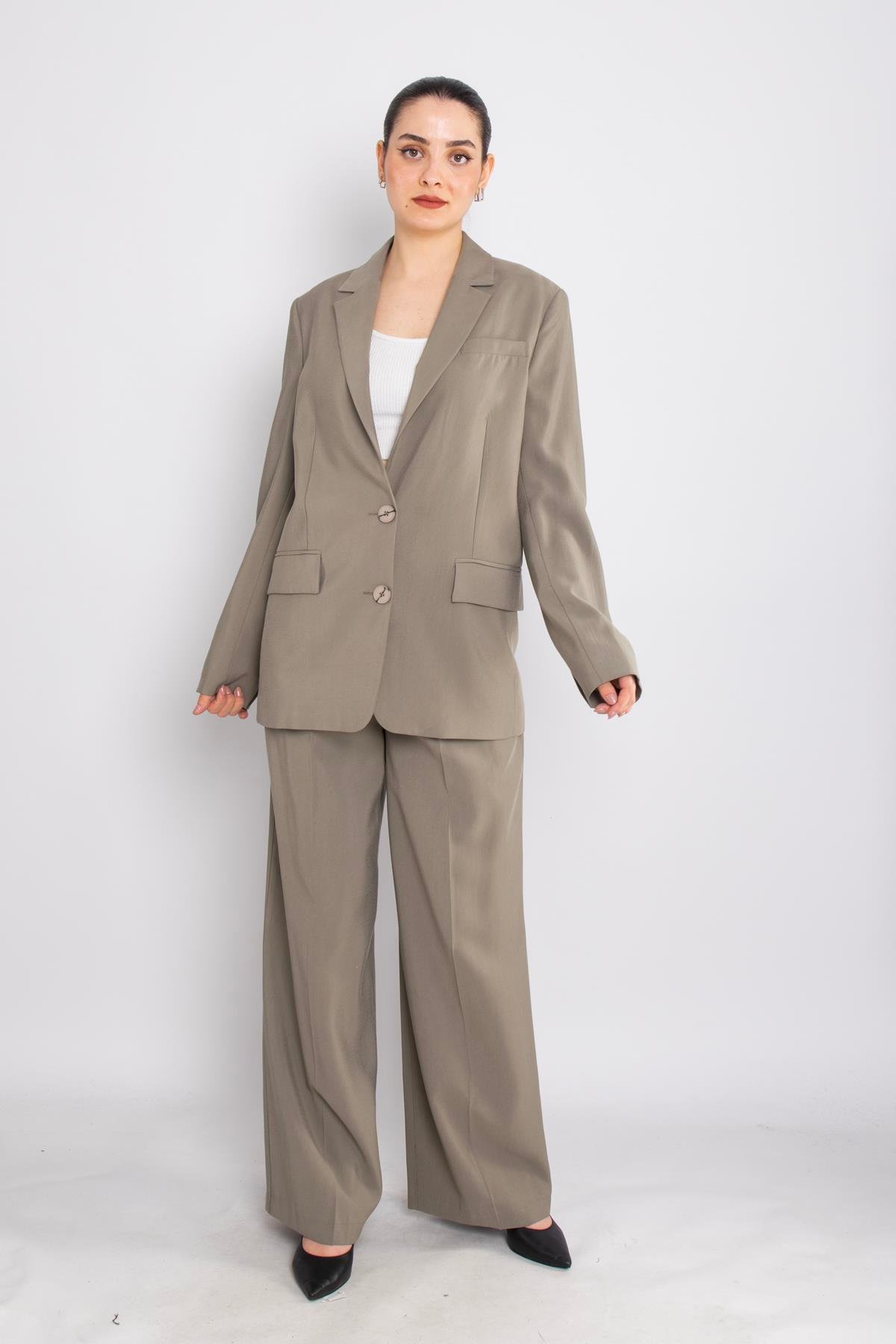 90729-70674 Cep Kapaklı Astarlı Ceket Palazzo Pantolon Takım