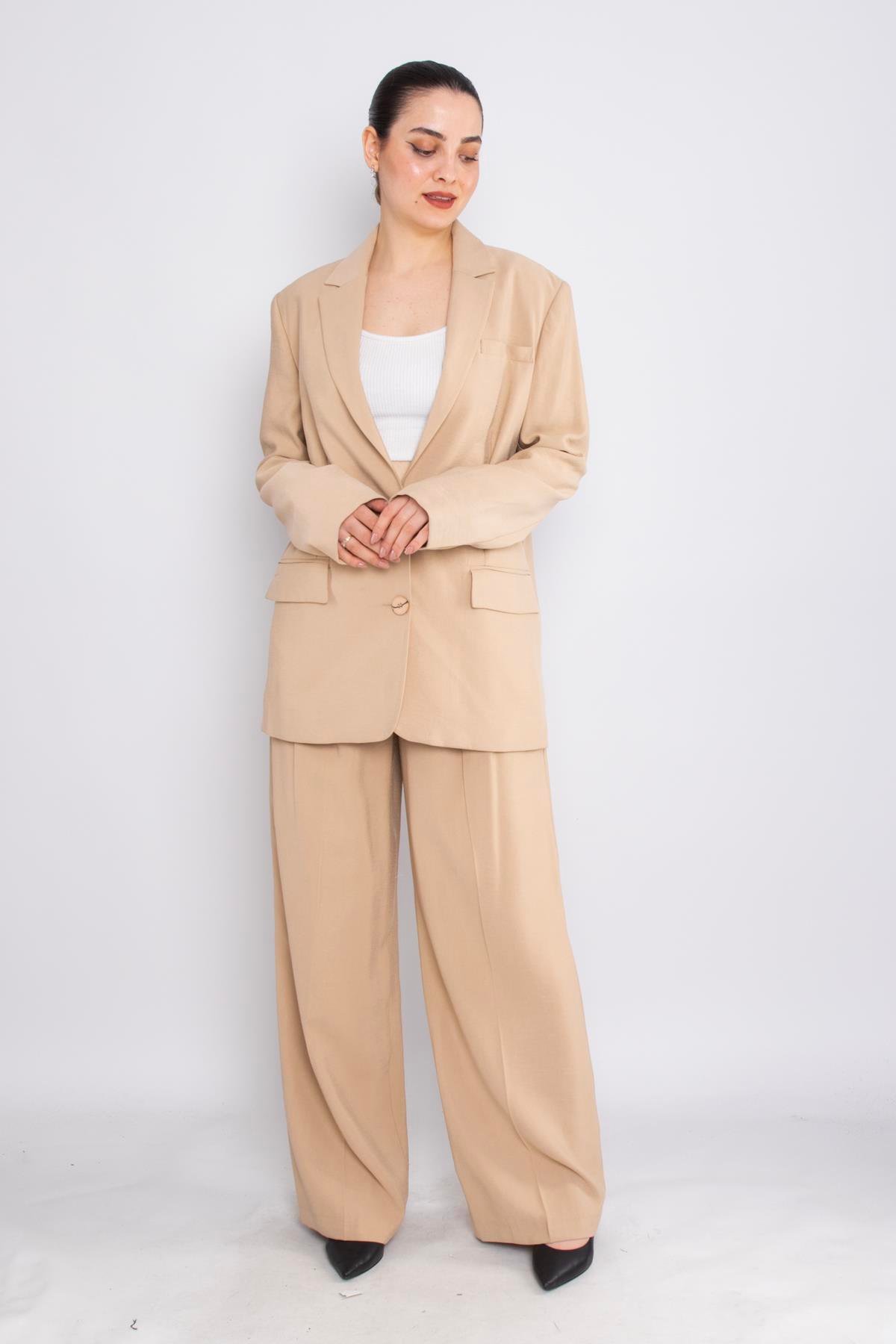 90729-70674 Cep Kapaklı Astarlı Ceket Palazzo Pantolon Takım