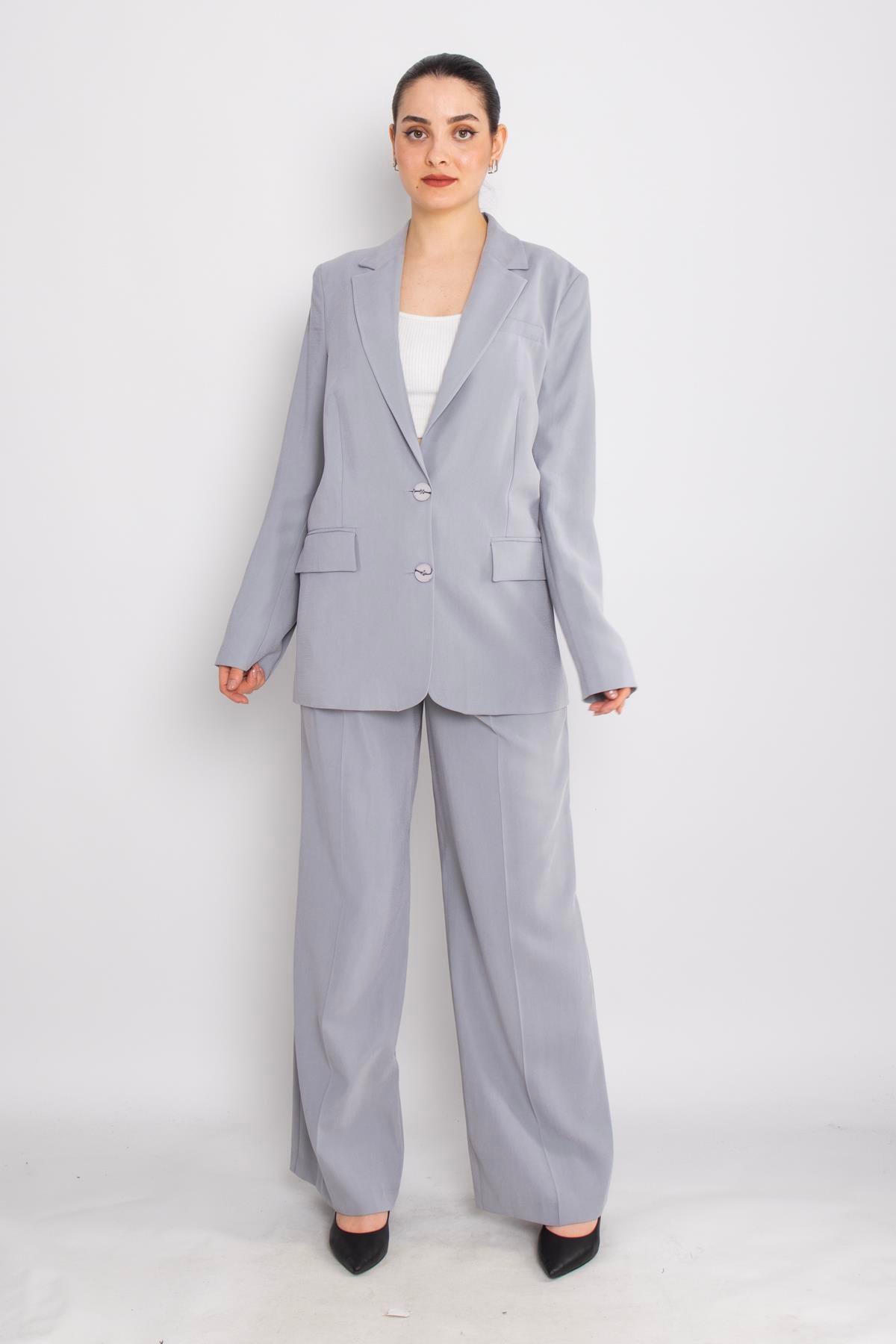 90729-70674 Cep Kapaklı Astarlı Ceket Palazzo Pantolon Takım