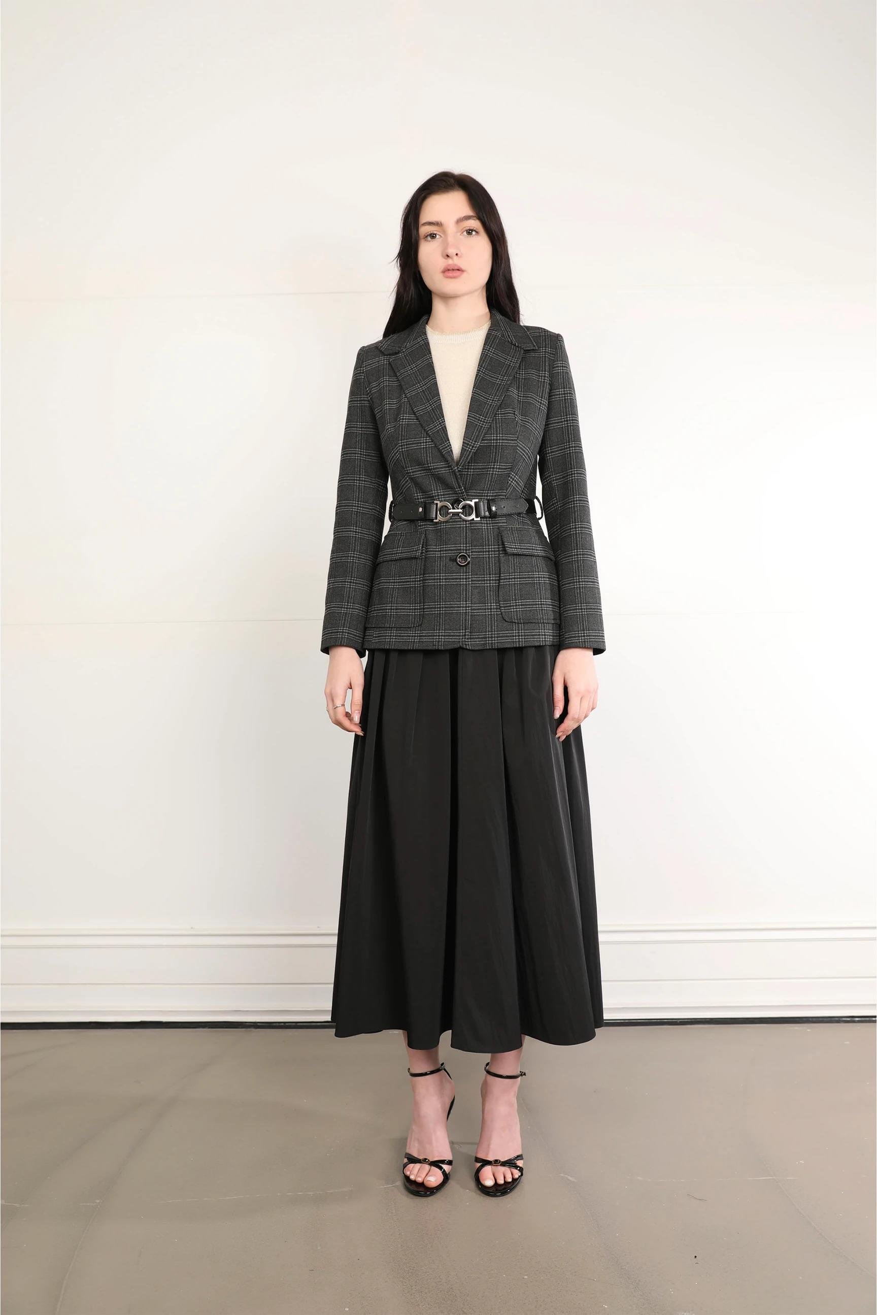 90805 Ekose Desen Kemerli Düğmeli Blazer Ceket