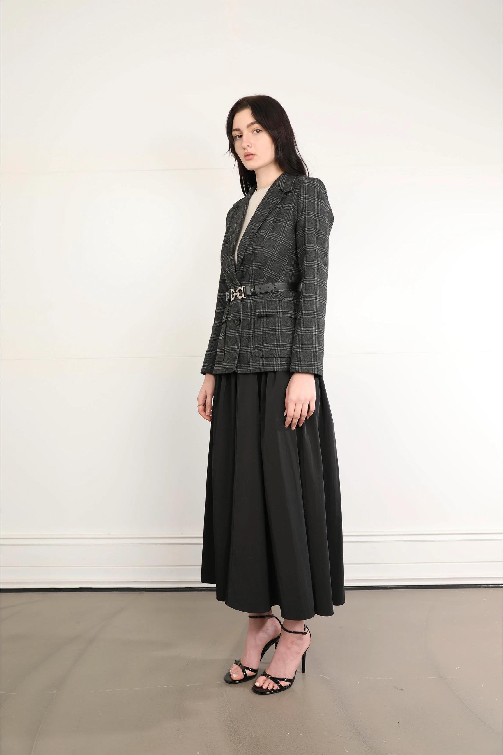 90805 Ekose Desen Kemerli Düğmeli Blazer Ceket