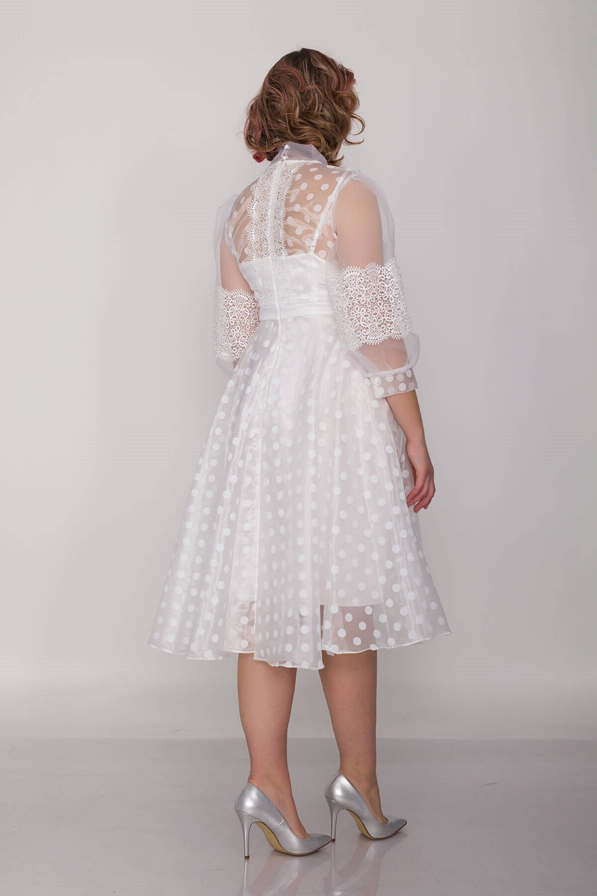 910097  BB Astarlı Tül Kol Puanlı Organze Kısa Elbise