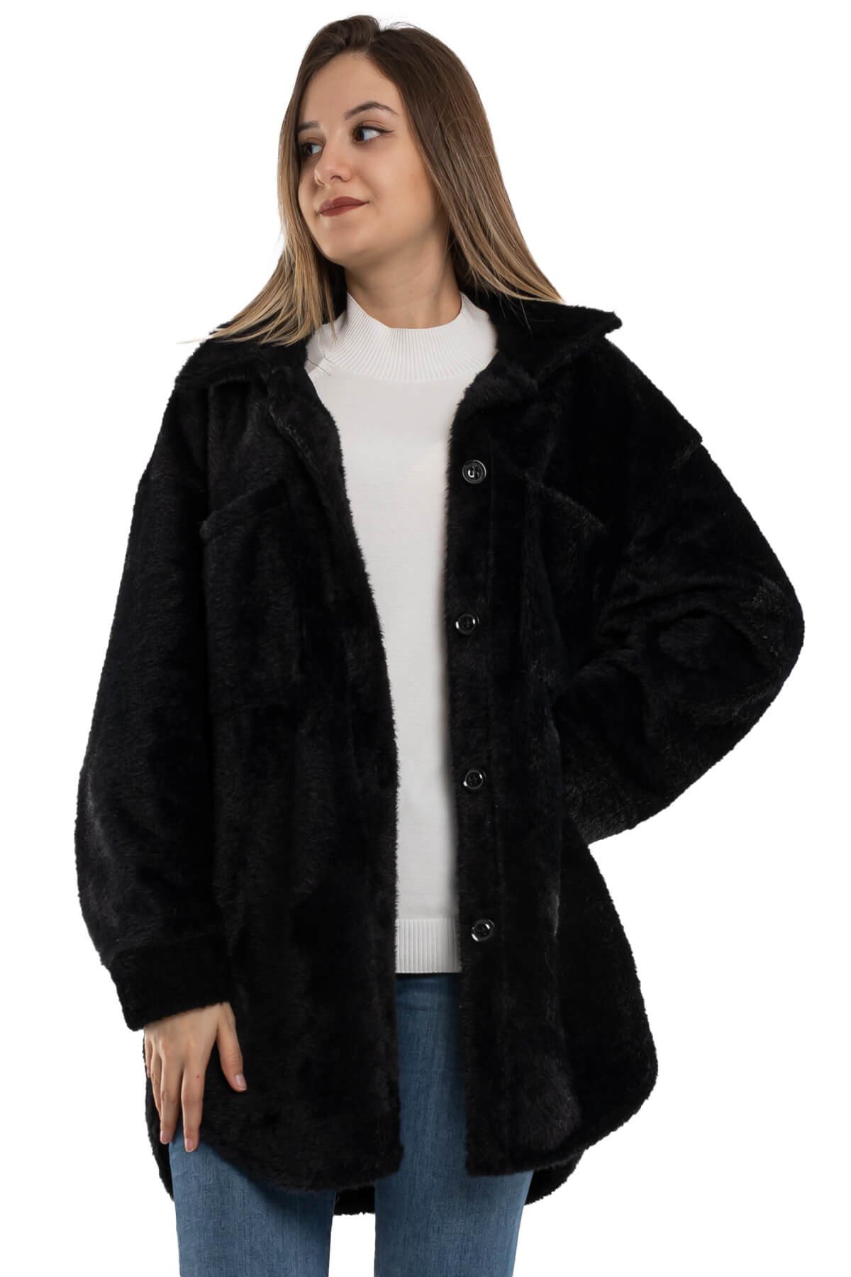 91121 Düğmeli Kısa Kadın Kürk Kaban