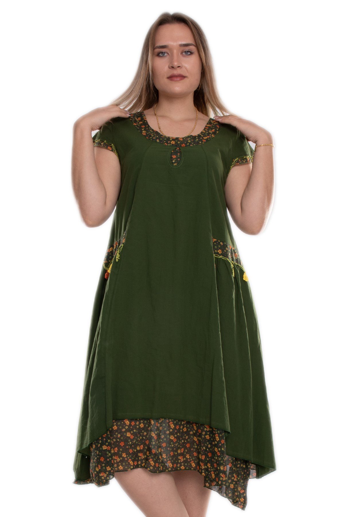 9115 Oya İşli Eteği Parçalı Katlı Kısa Kol Pmauk Otantik Elbise