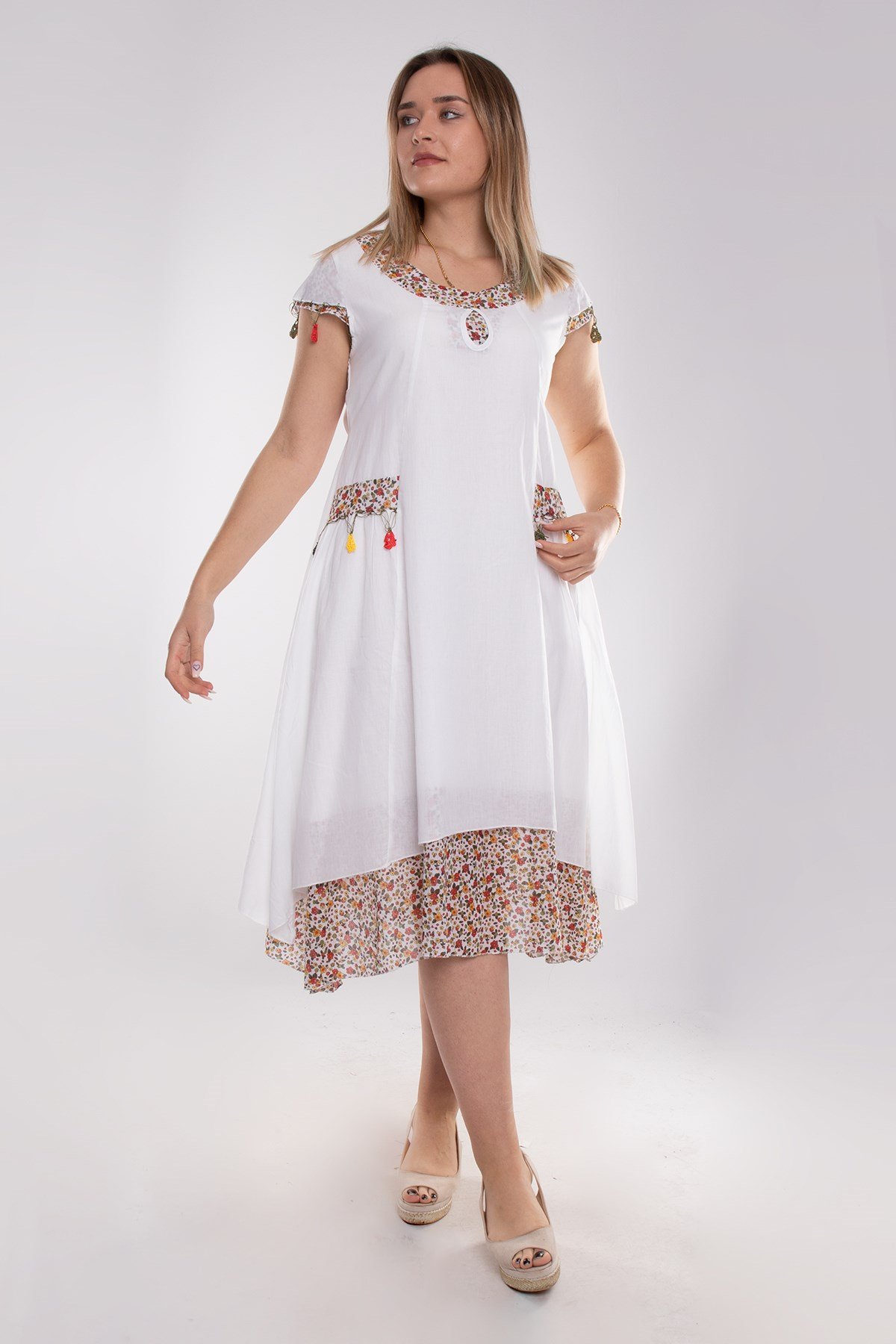 9115 Oya İşli Eteği Parçalı Katlı Kısa Kol Pmauk Otantik Elbise