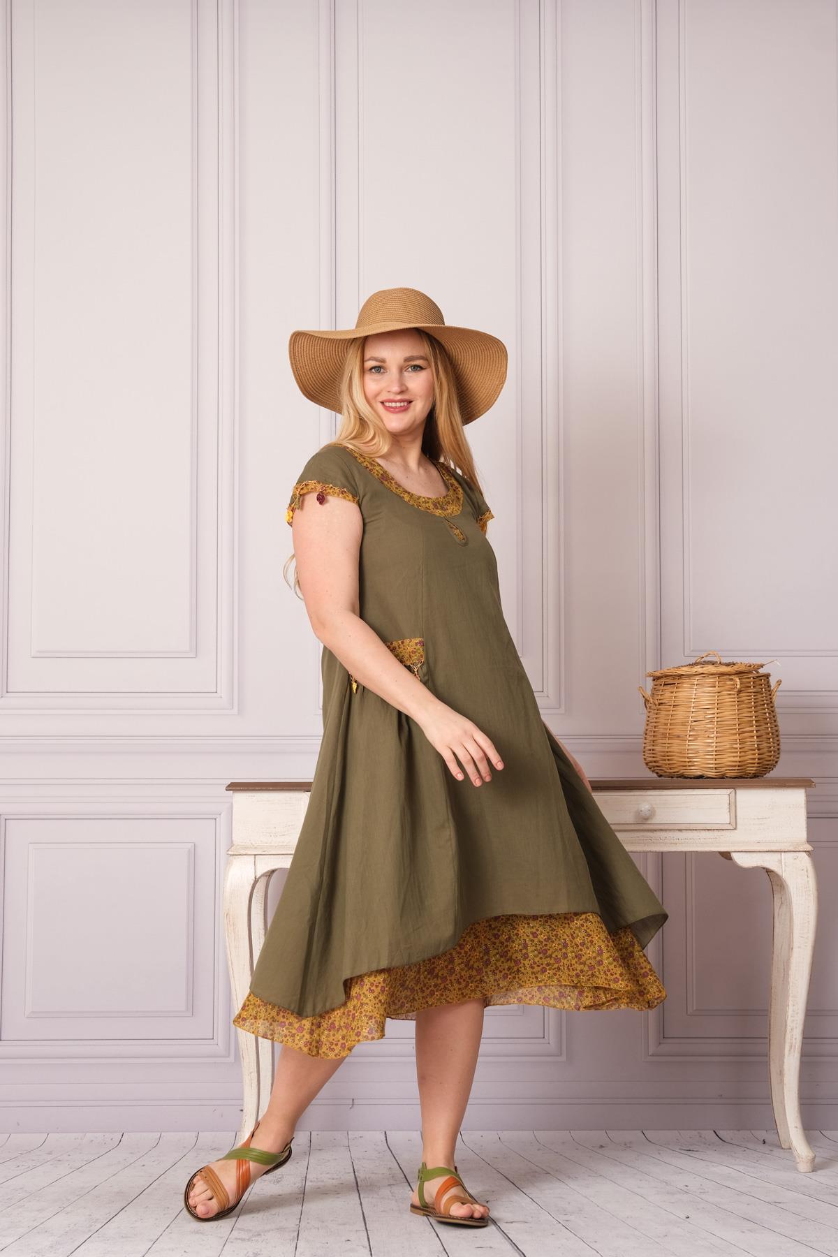 9115 Oya İşli Eteği Parçalı Katlı Kısa Kol Pamuk Otantik Elbise