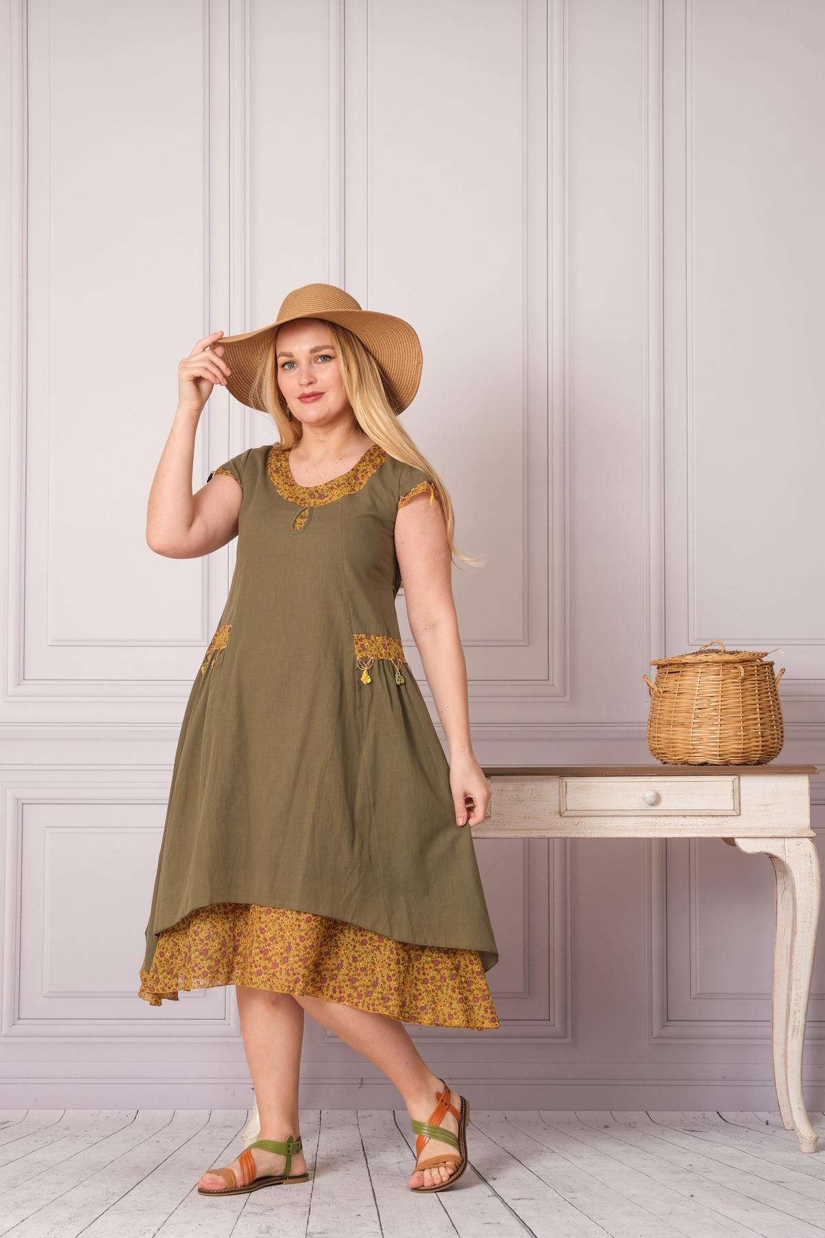 9115 Oya İşli Eteği Parçalı Katlı Kısa Kol Pamuk Otantik Elbise