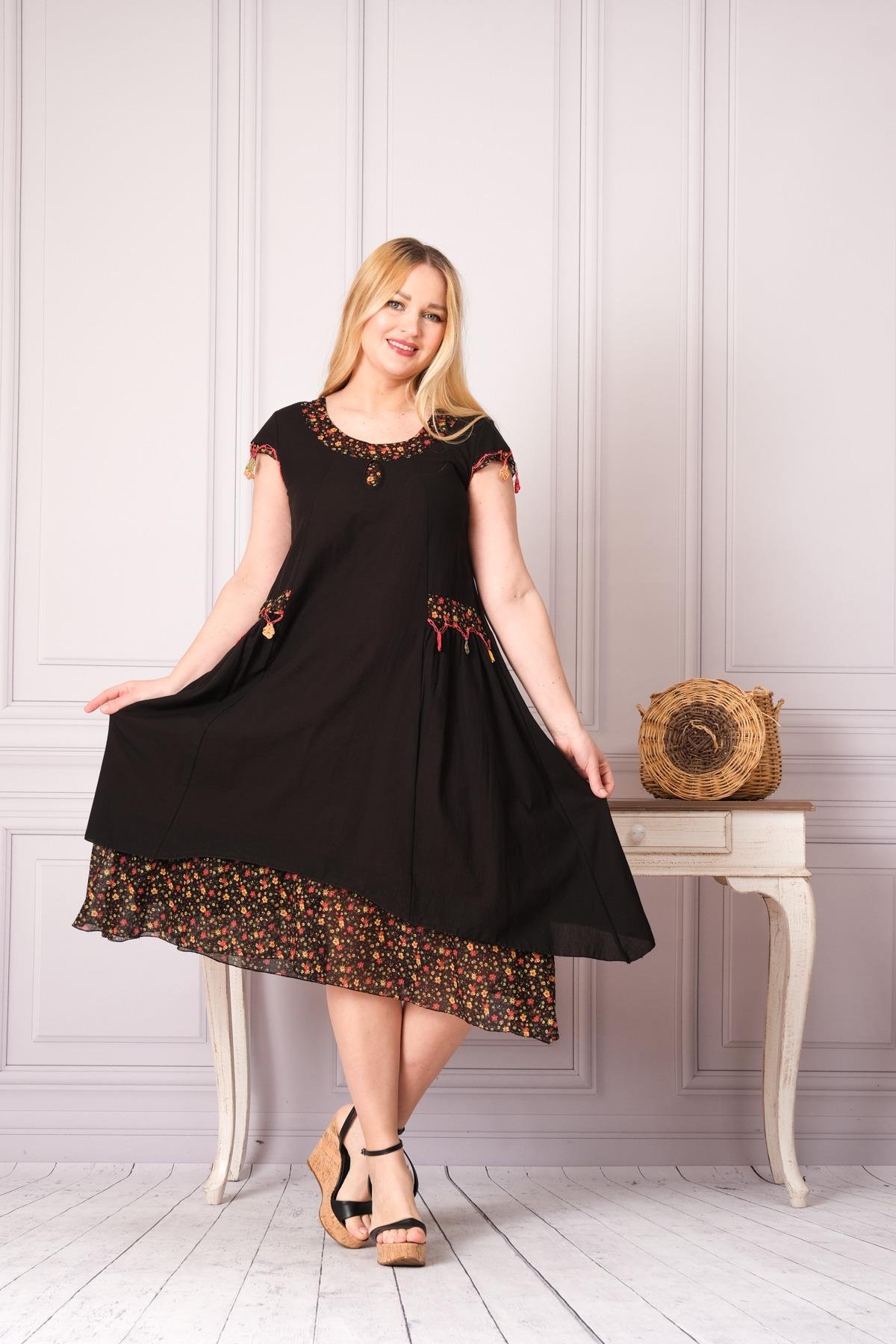 9115 Oya İşli Eteği Parçalı Katlı Kısa Kol Pamuk Otantik Elbise