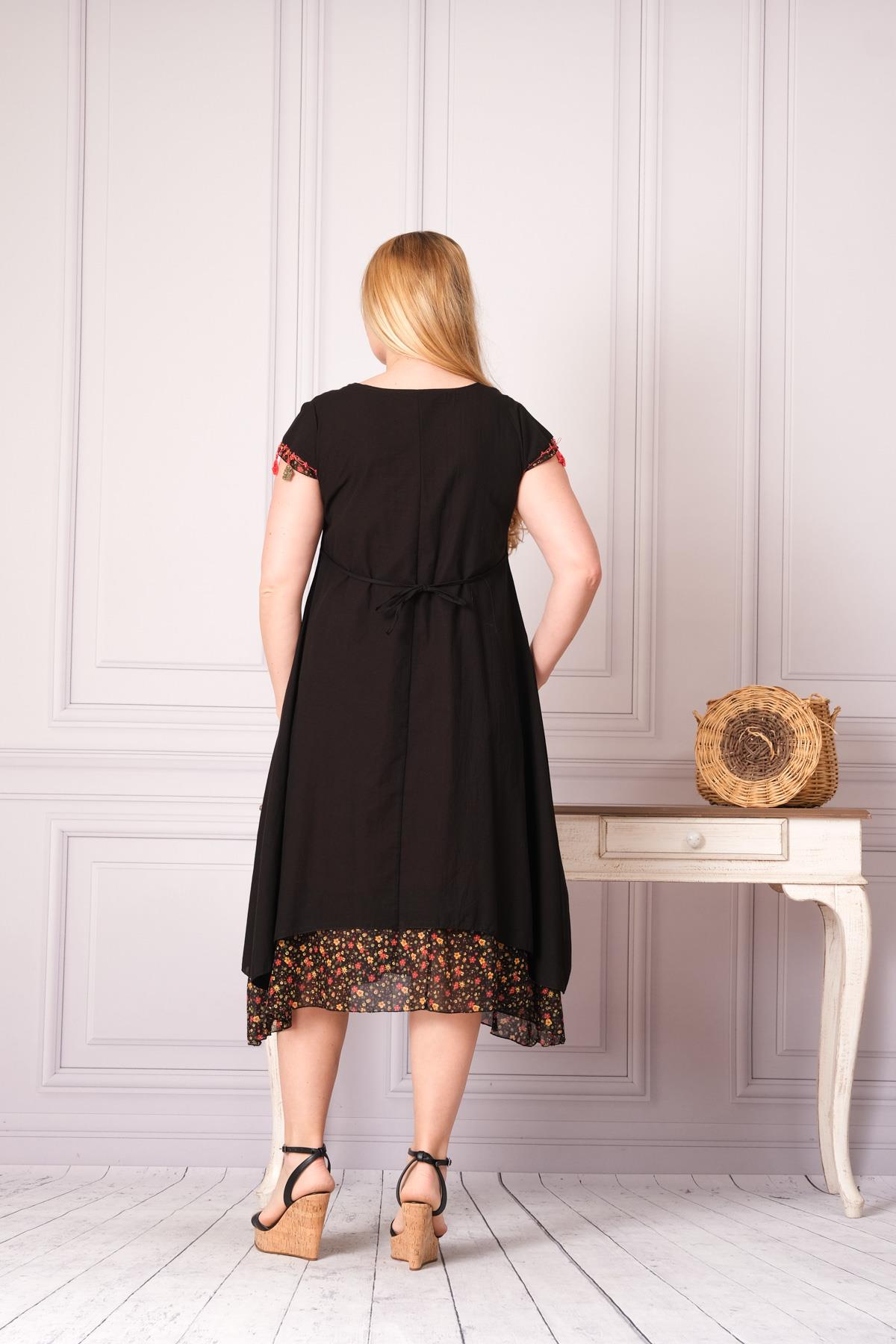 9115 Oya İşli Eteği Parçalı Katlı Kısa Kol Pamuk Otantik Elbise