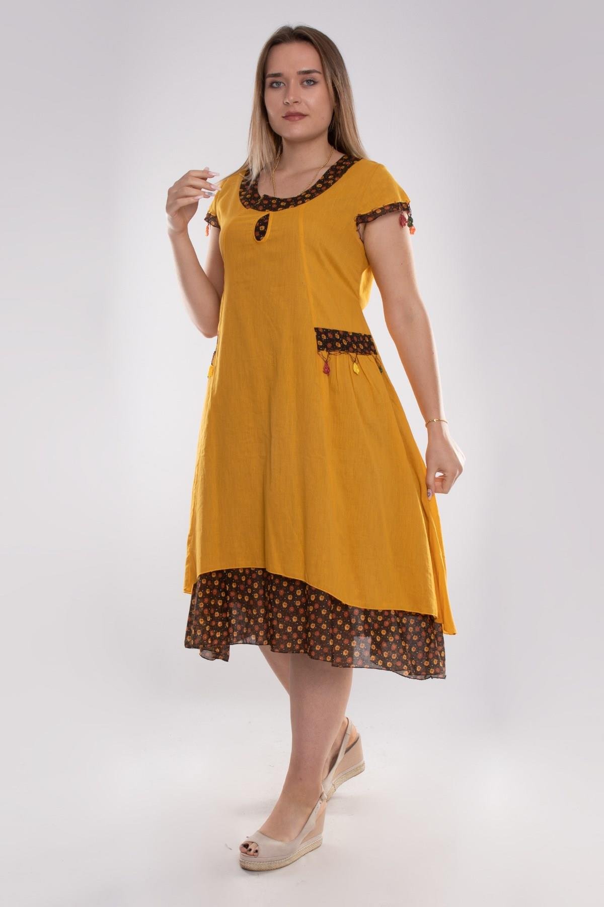 9115 Oya İşli Eteği Parçalı Katlı Kısa Kol Pamuk Otantik Elbise