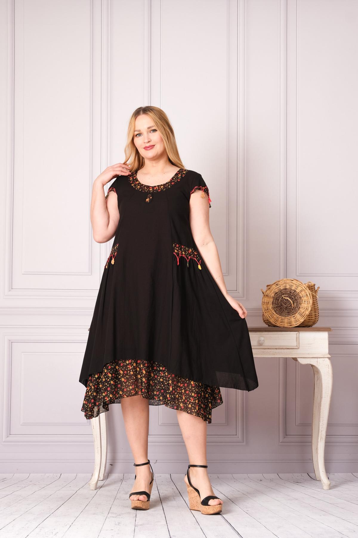 9115 Oya İşli Eteği Parçalı Katlı Kısa Kol Pamuk Otantik Elbise