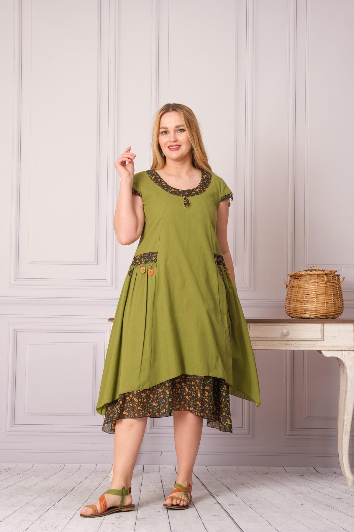 9115 Oya İşli Eteği Parçalı Katlı Kısa Kol Pamuk Otantik Elbise