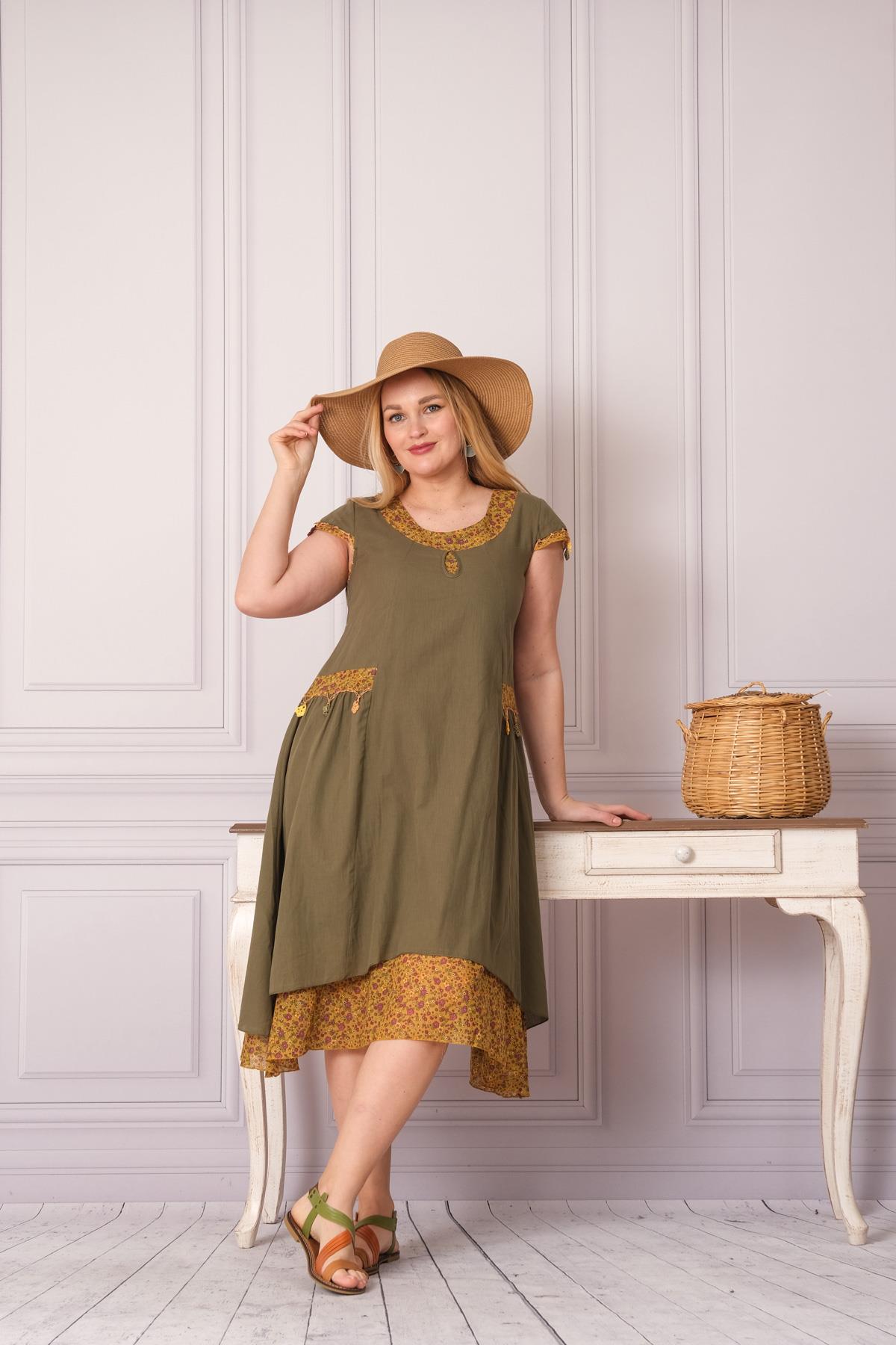 9115 Oya İşli Eteği Parçalı Katlı Kısa Kol Pamuk Otantik Elbise