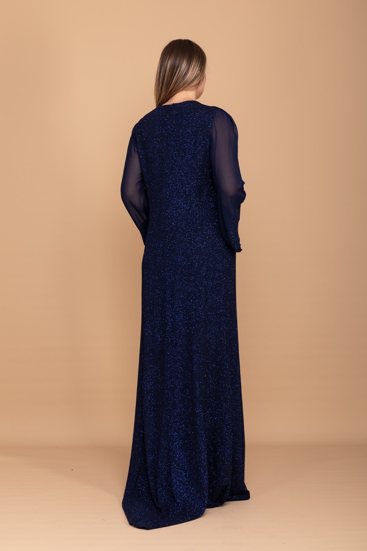 9125 BB Sim Kumaş Tül Kol Uzun Elbise