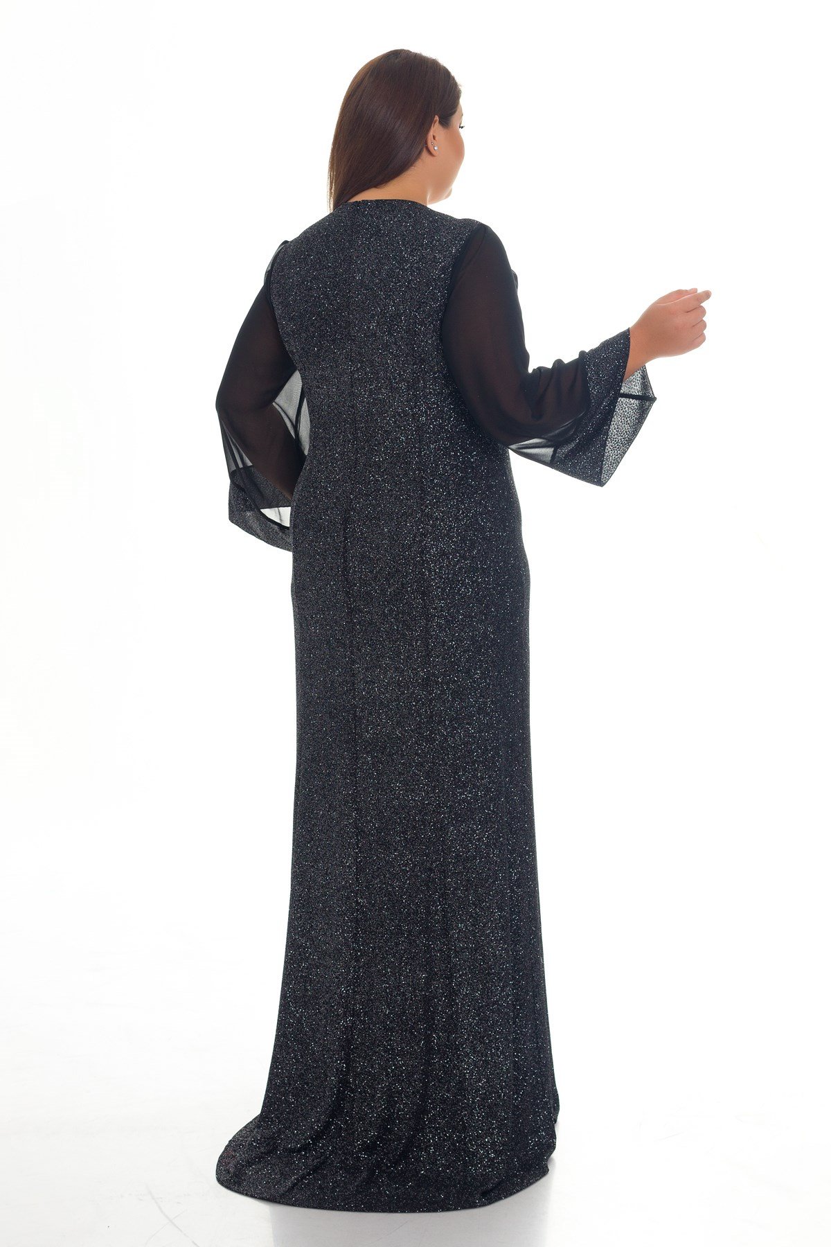 9125 BB Sim Kumaş Tül Kol Uzun Elbise