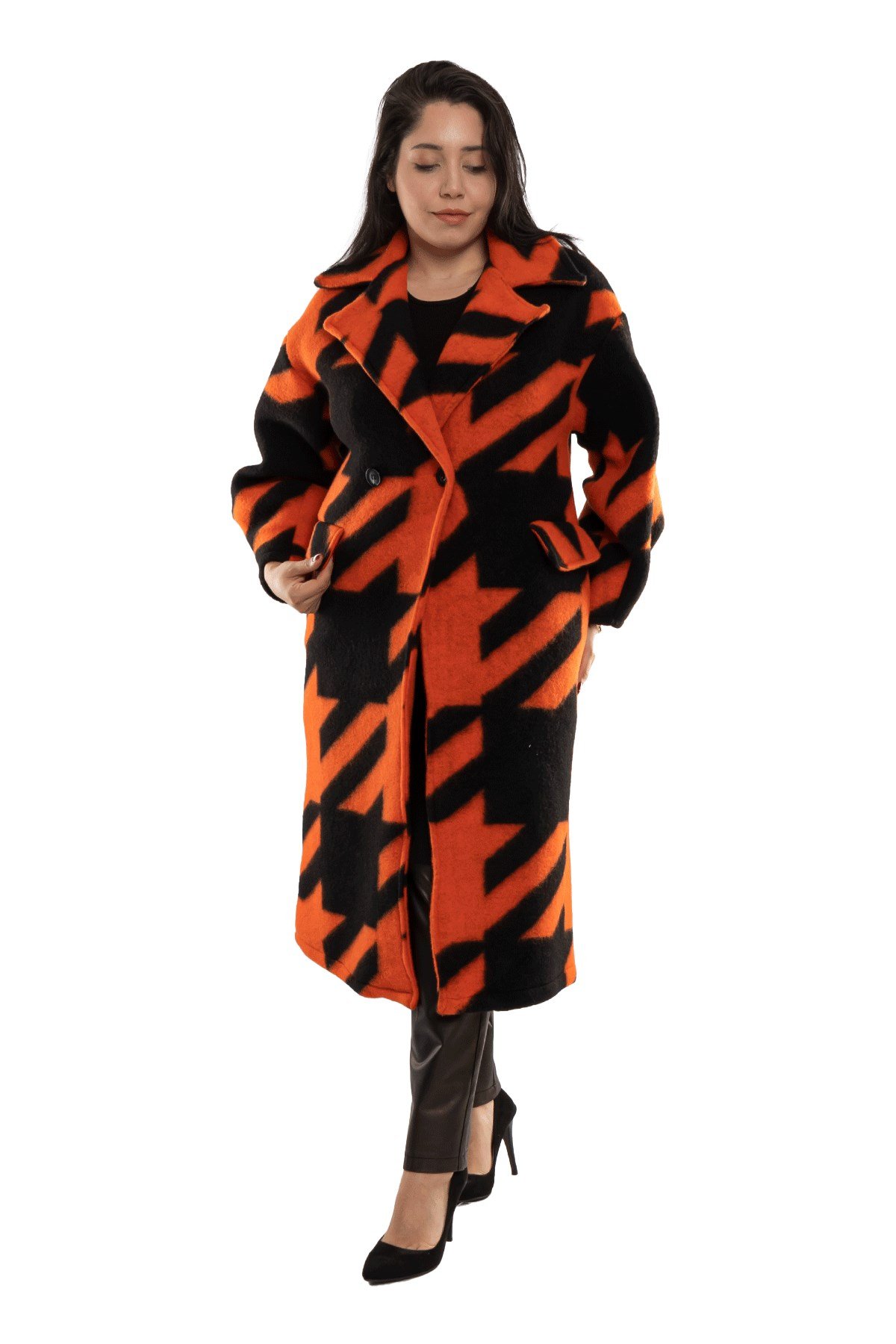 9137 Büyük Beden Kazayağı Desen Kadın Kaşe Kaban