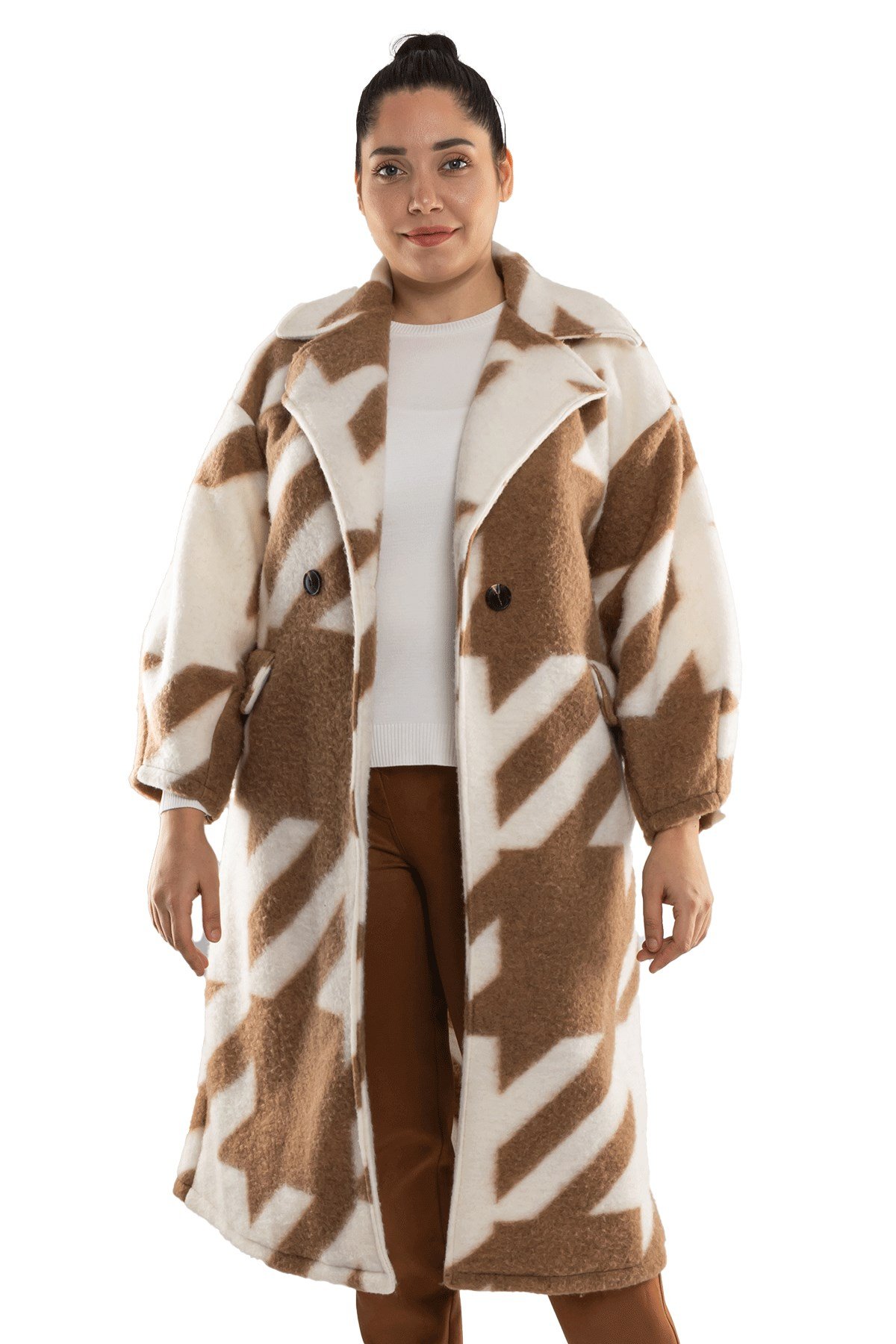 9137 Büyük Beden Kazayağı Desen Kadın Kaşe Kaban