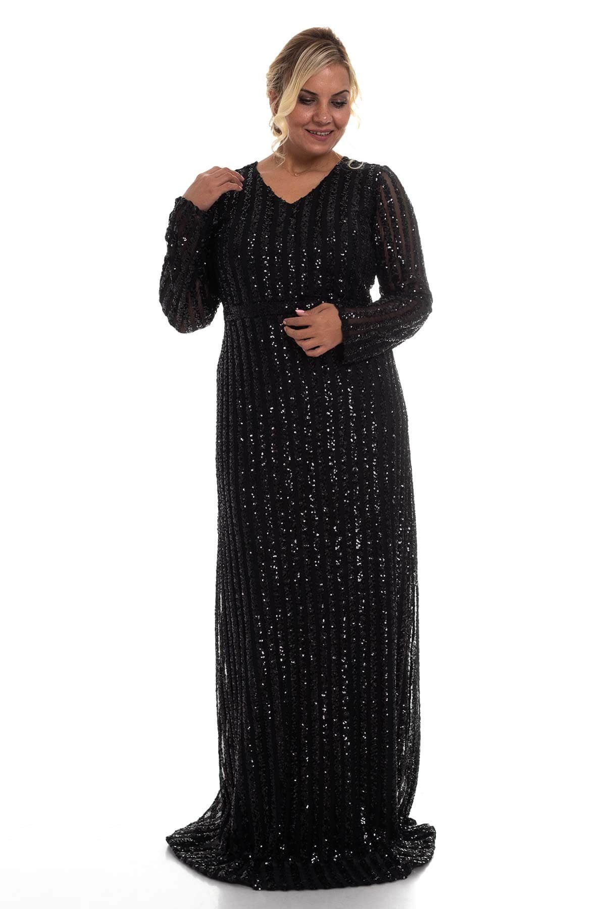 9138 BB Şerit Pulpayet Detay Uzun Elbise