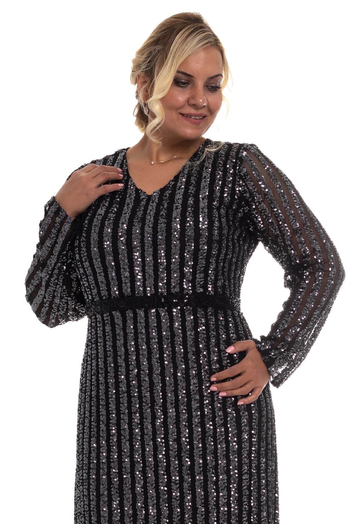 9138 BB Şerit Pulpayet Detay Uzun Elbise