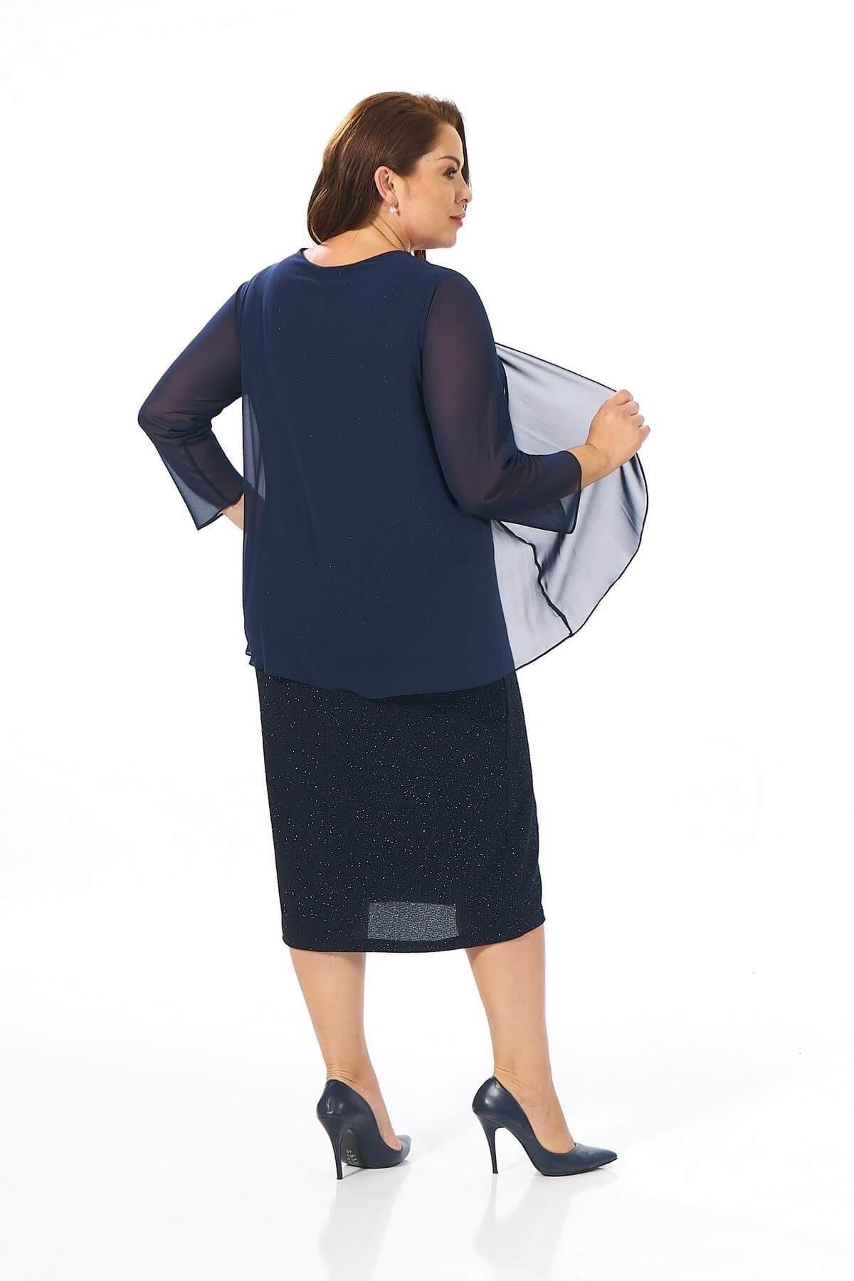 9161 Büyük Beden Tül Kol Detay Simli Kısa Elbise