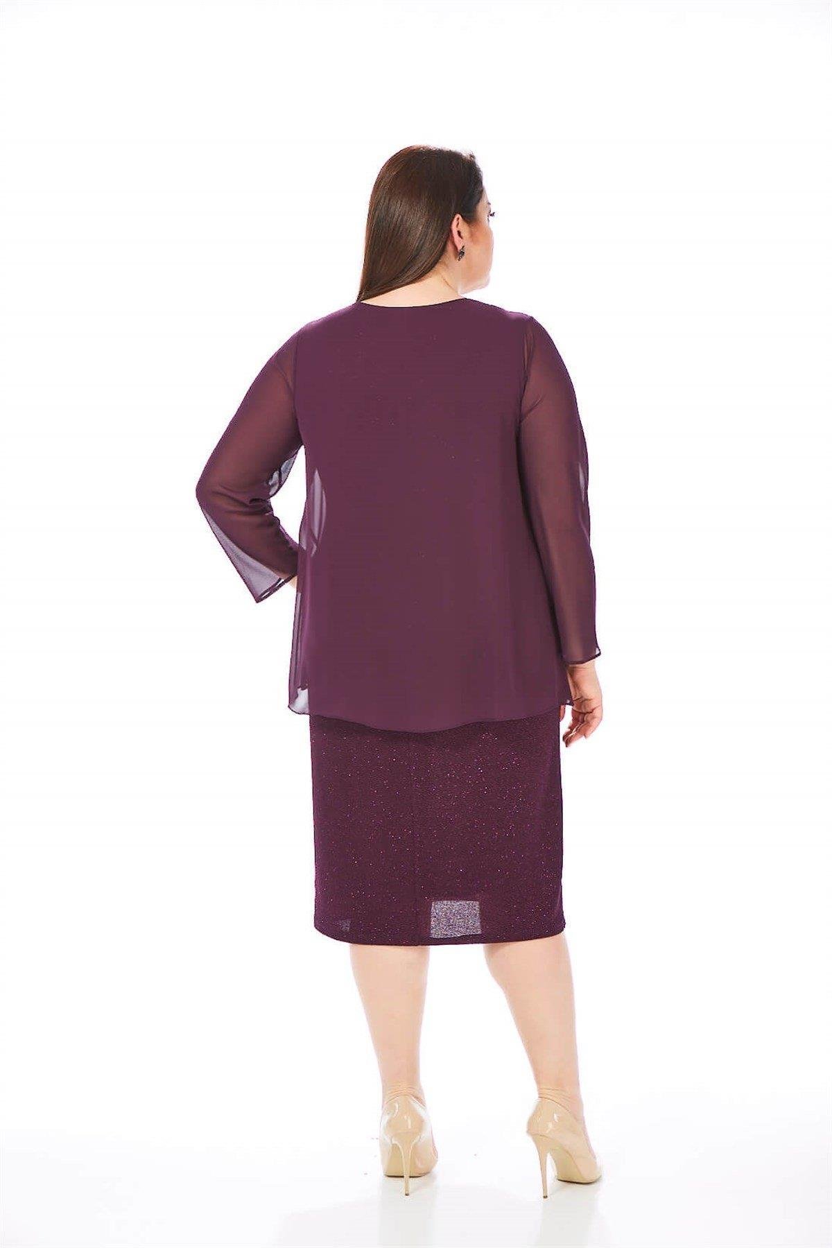 9161 Büyük Beden Tül Kol Detay Simli Kısa Elbise