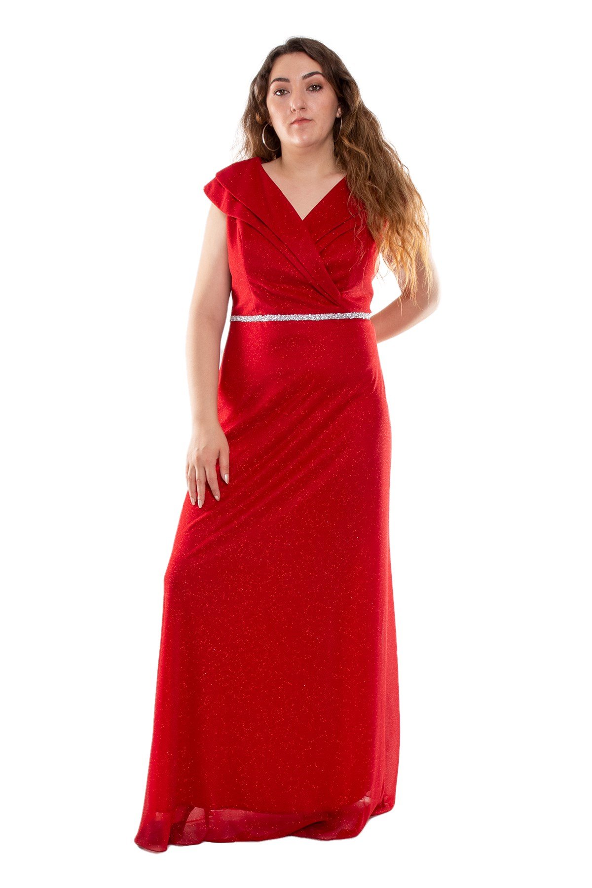 9247 Büyük Beden Çift Yaka Kruvaze Beli Şerit Simli Tül Elbise