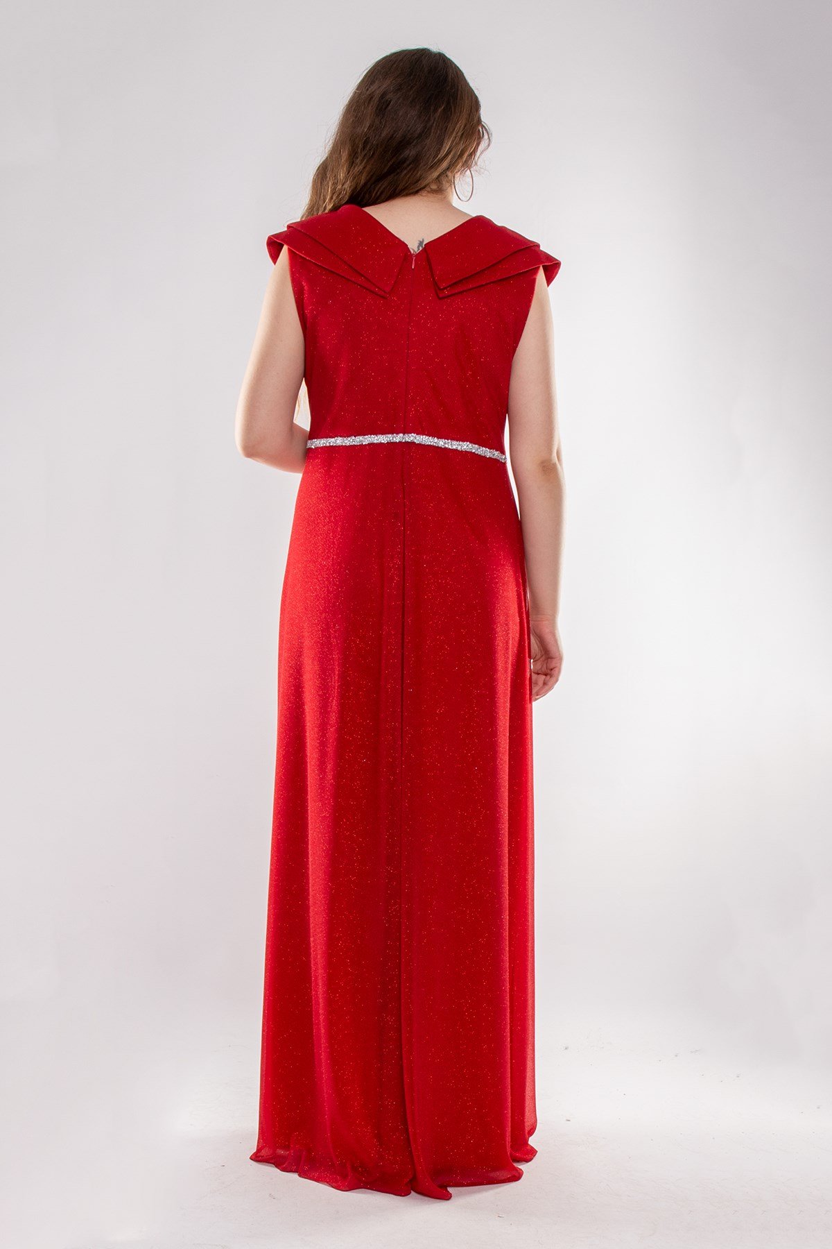 9247 Büyük Beden Çift Yaka Kruvaze Beli Şerit Simli Tül Elbise