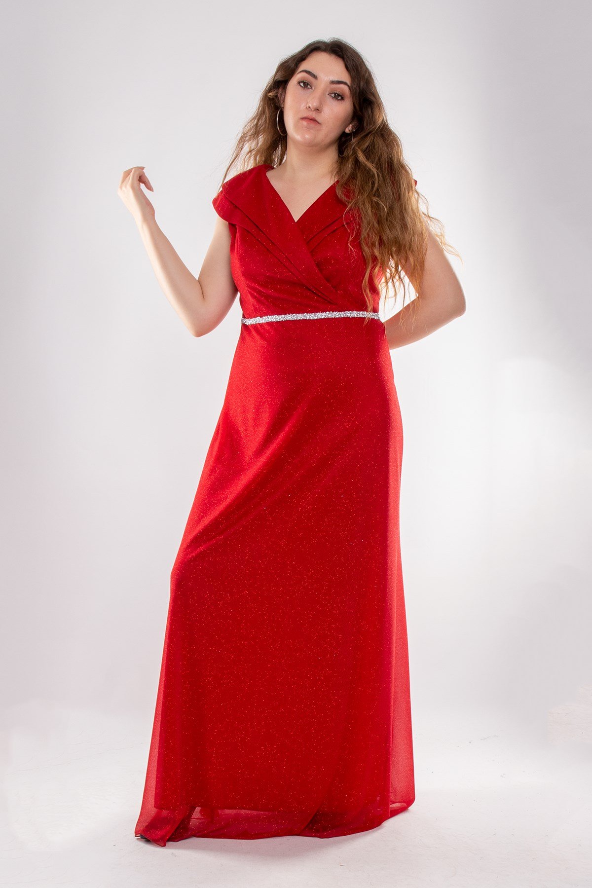 9247 Büyük Beden Çift Yaka Kruvaze Beli Şerit Simli Tül Elbise