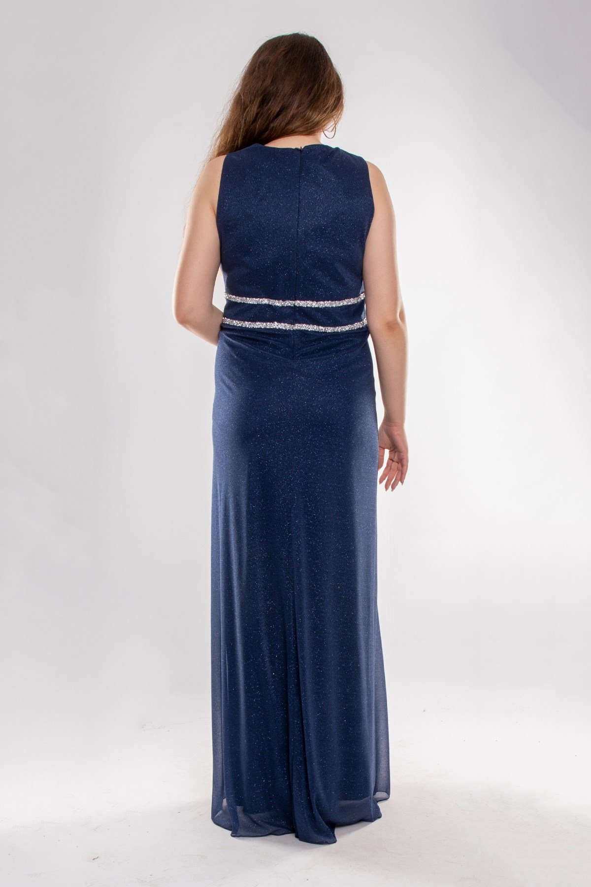 9247 Büyük Beden Çift Yaka Kruvaze Beli Şerit Simli Tül Elbise