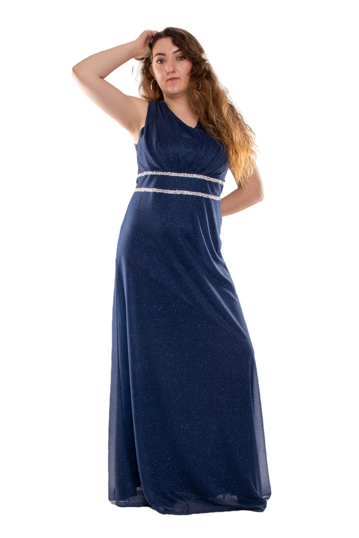 9247 Büyük Beden Çift Yaka Kruvaze Beli Şerit Simli Tül Elbise