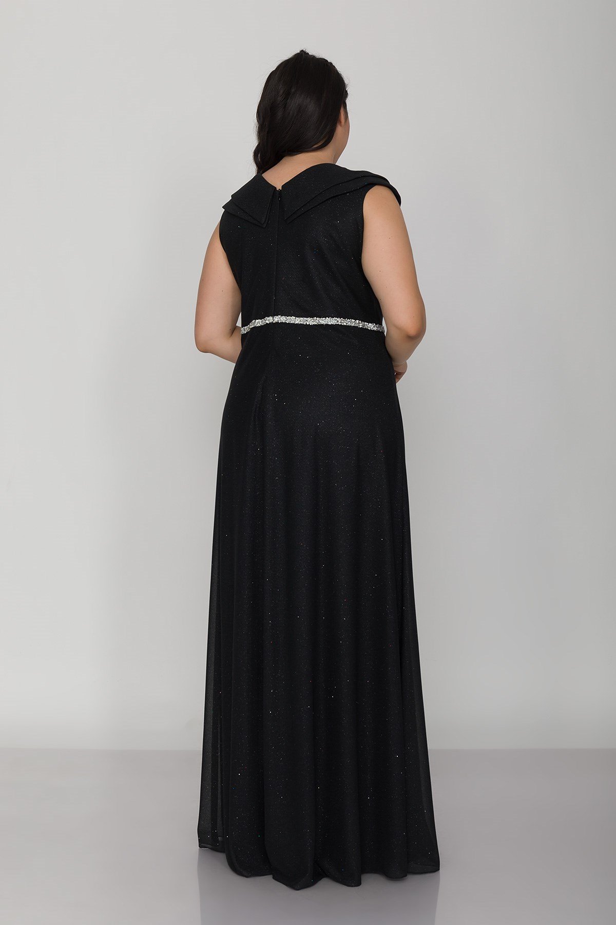 9247 Büyük Beden Çift Yaka Kruvaze Beli Şerit Simli Tül Elbise