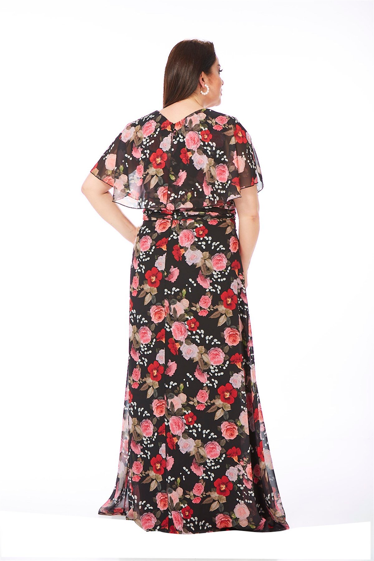 9258 BB Beli Büzgülü Çiçek Desen Uzun Şifon Elbise