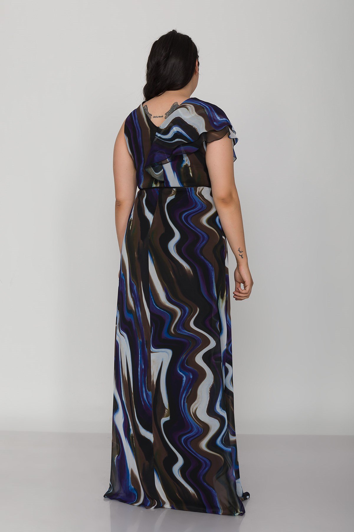 9280 Büyük Beden Omuz Valonlu Desenli Şifon Uzun Elbise