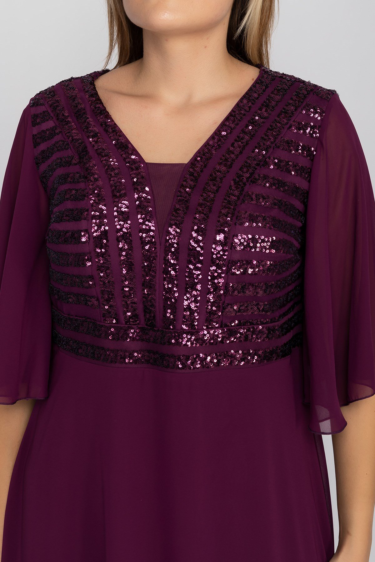 9302 Üzeri Şerit Payet İşleme Valon Tül Kol Şifon Büyük Beden Uzun Elbise