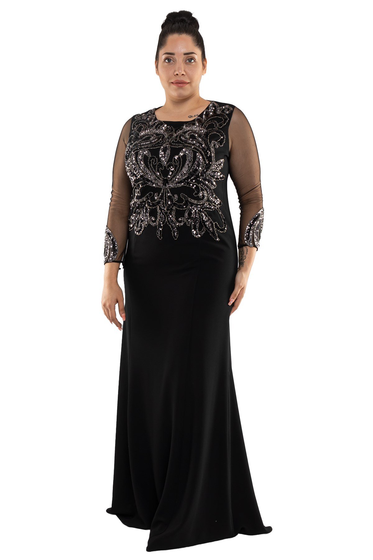 9311 BB Tül Kol Desenli Nakış İşl.Krep Elbise